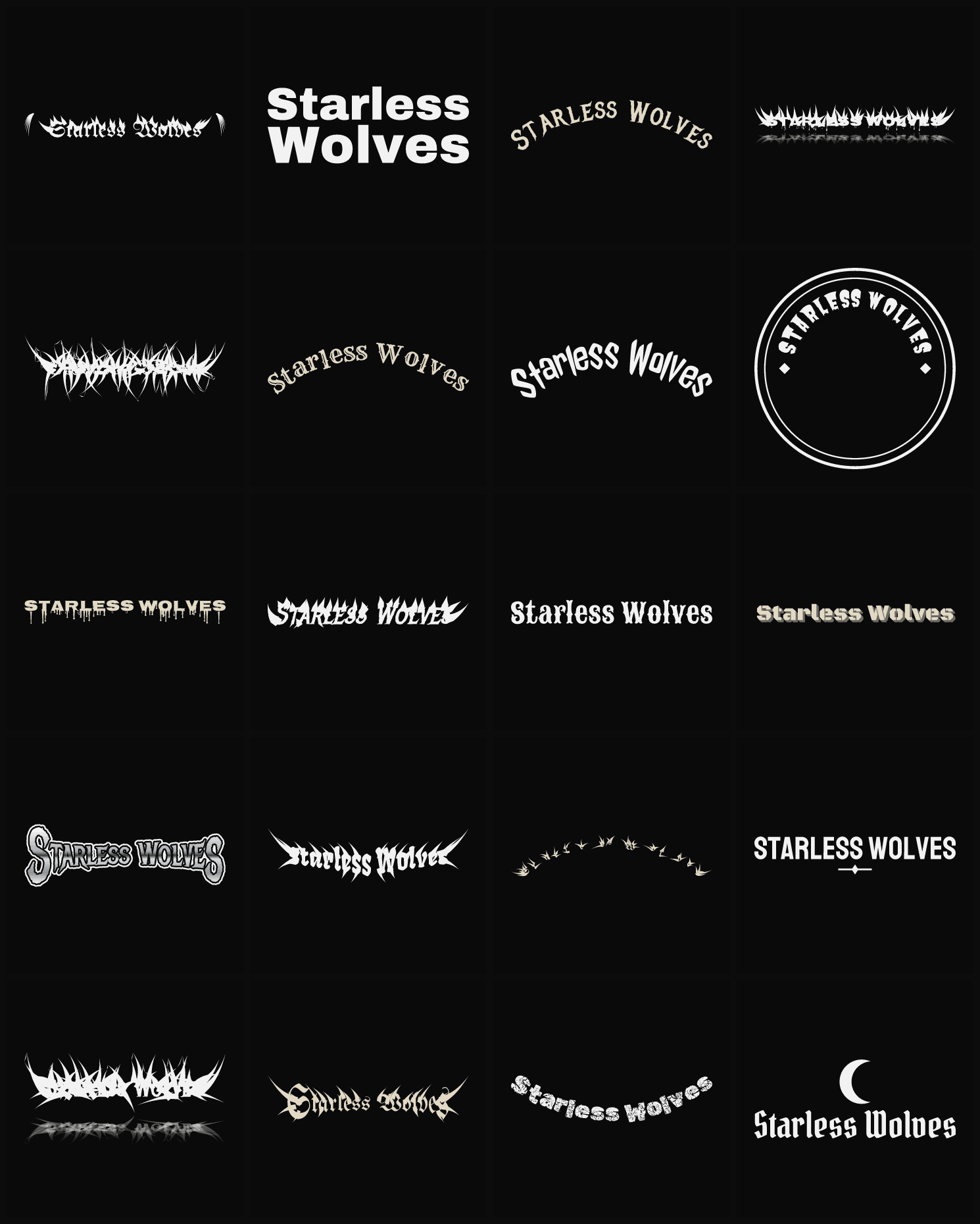Twenty Starless Wolves band logo ideas — different faces, treatments and spike settings