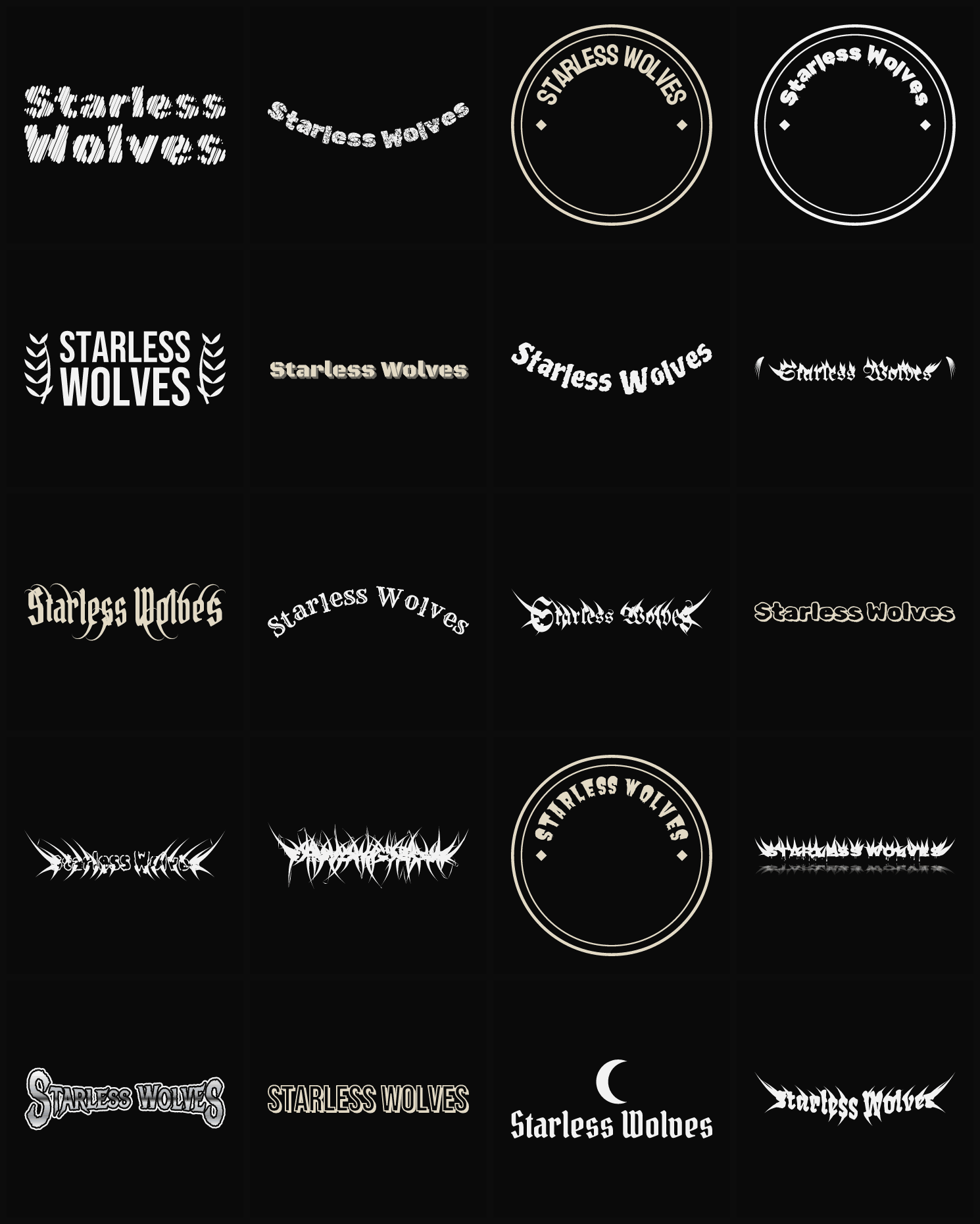 Twenty Starless Wolves band logo ideas — different faces, treatments and spike settings