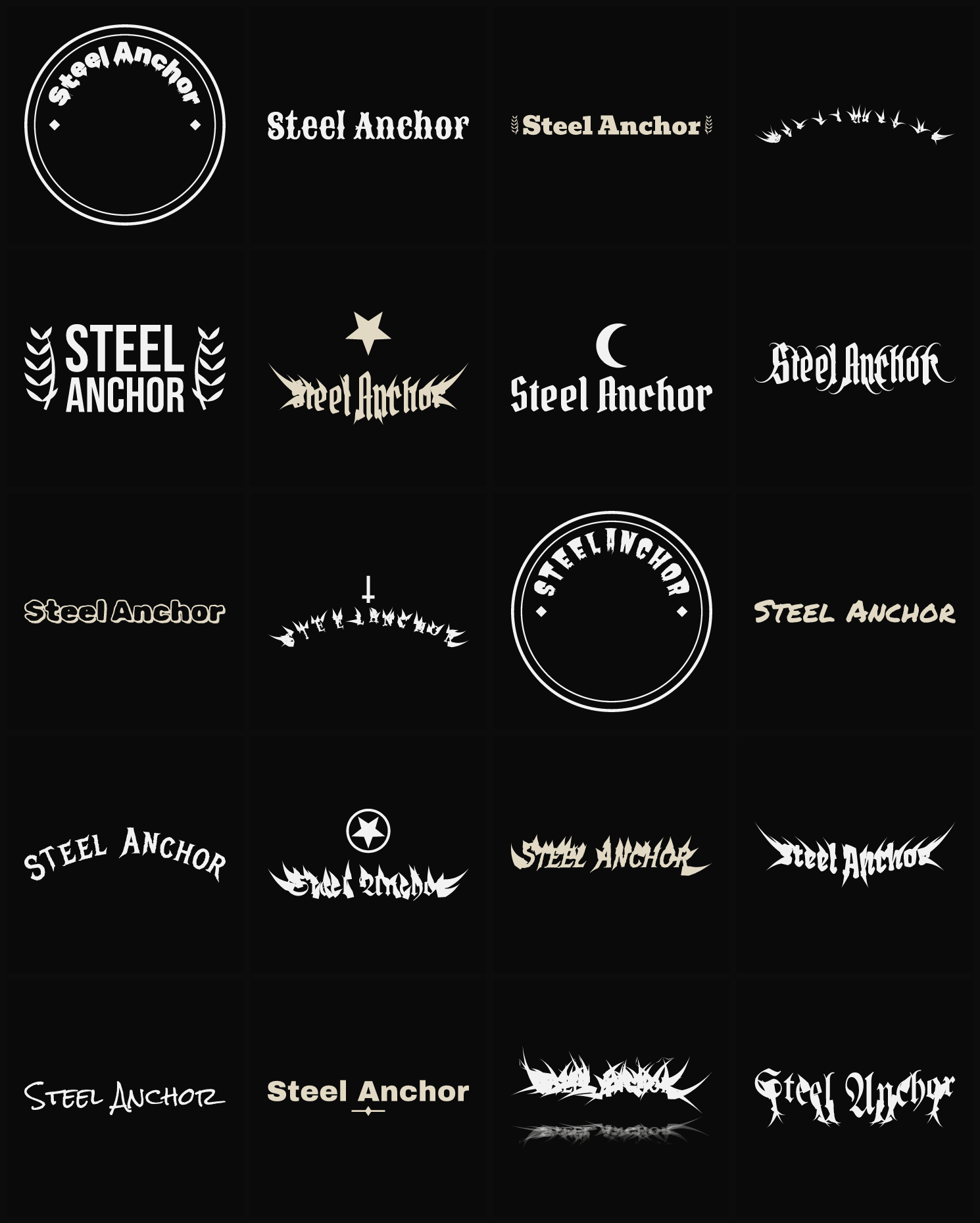 Twenty Steel Anchor band logo ideas — different faces, treatments and spike settings