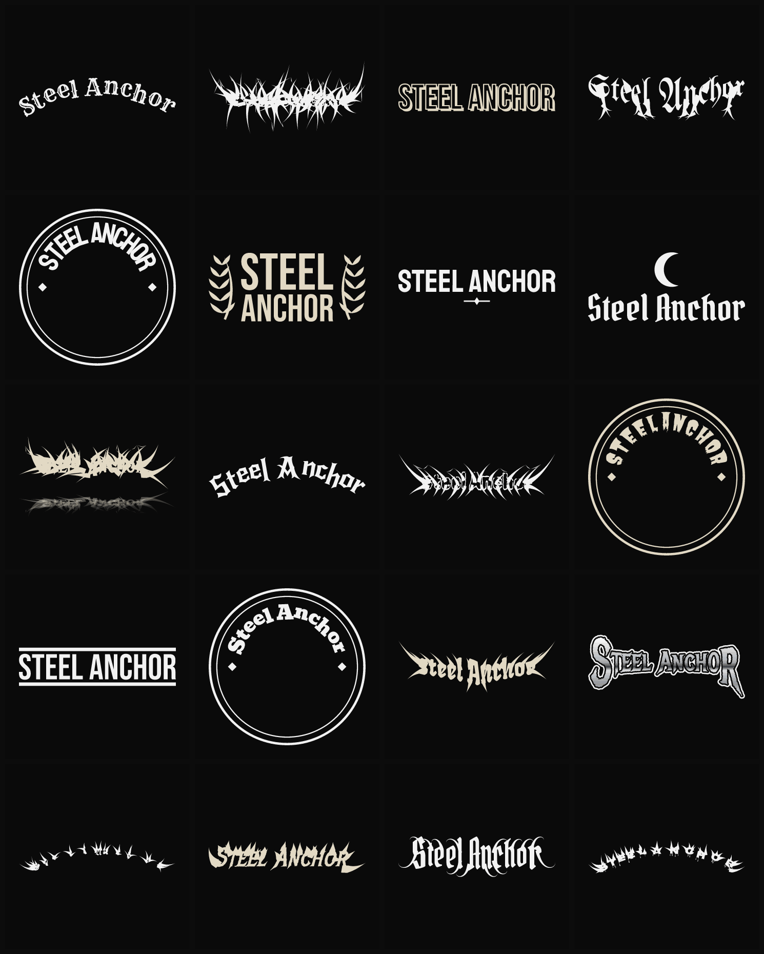 Twenty Steel Anchor band logo ideas — different faces, treatments and spike settings
