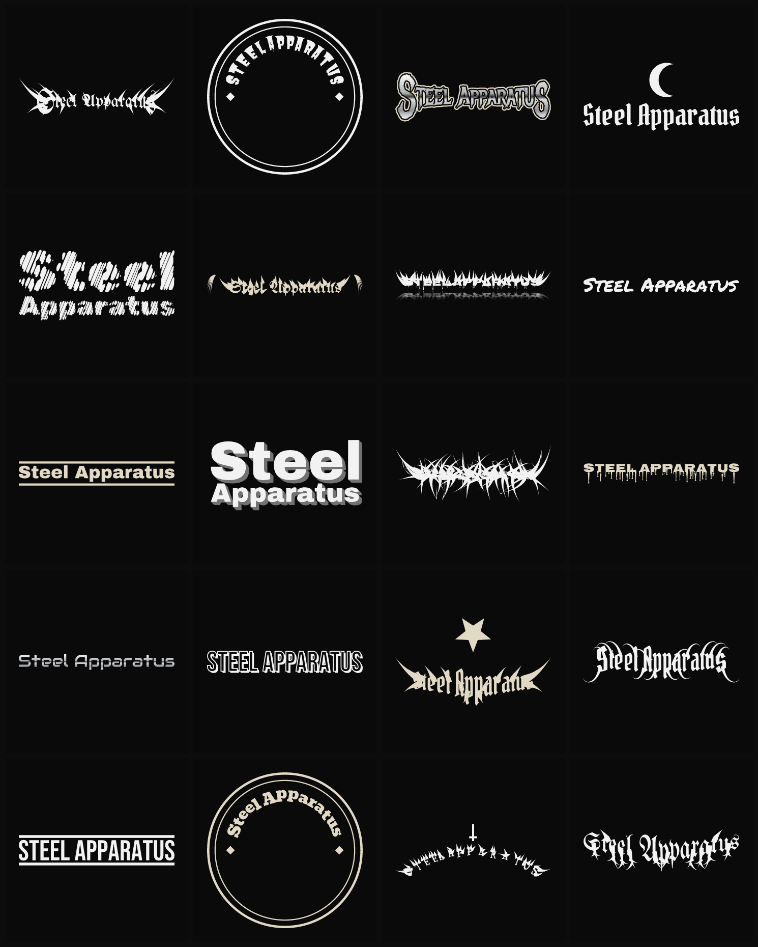 Twenty Steel Apparatus band logo ideas — different faces, treatments and spike settings
