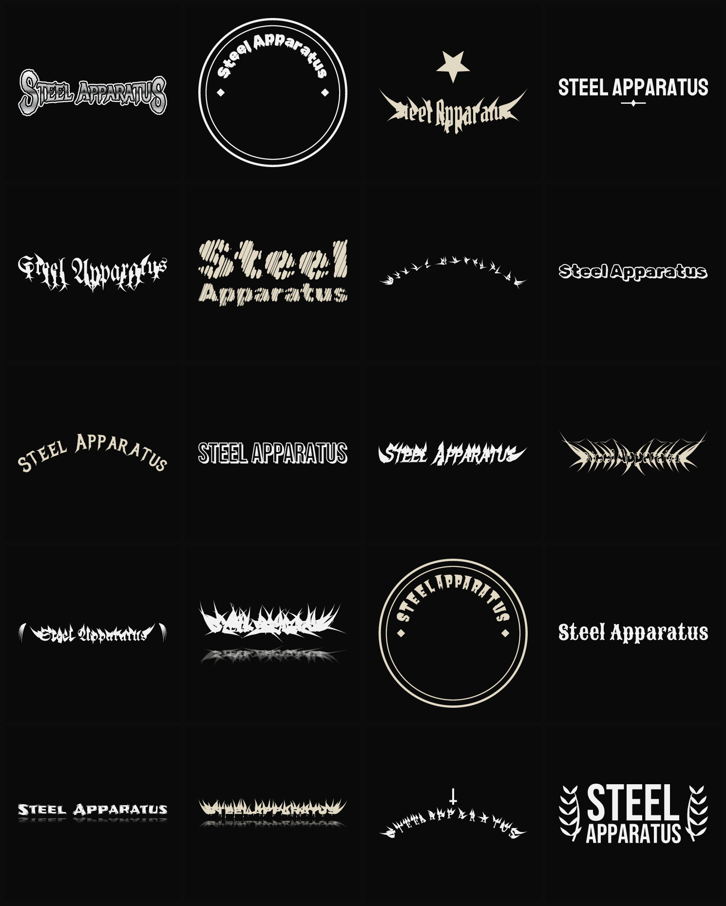Twenty Steel Apparatus band logo ideas — different faces, treatments and spike settings