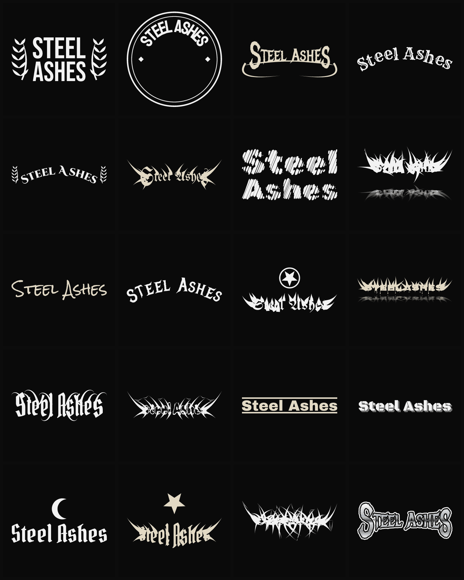 Twenty Steel Ashes band logo ideas — different faces, treatments and spike settings