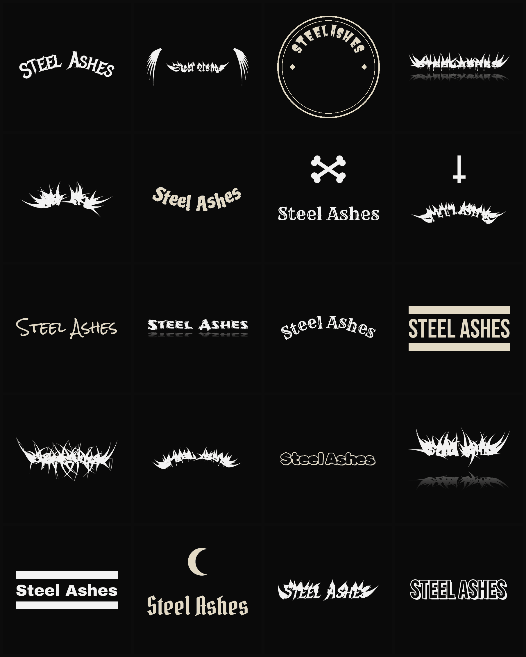 Twenty Steel Ashes band logo ideas — different faces, treatments and spike settings