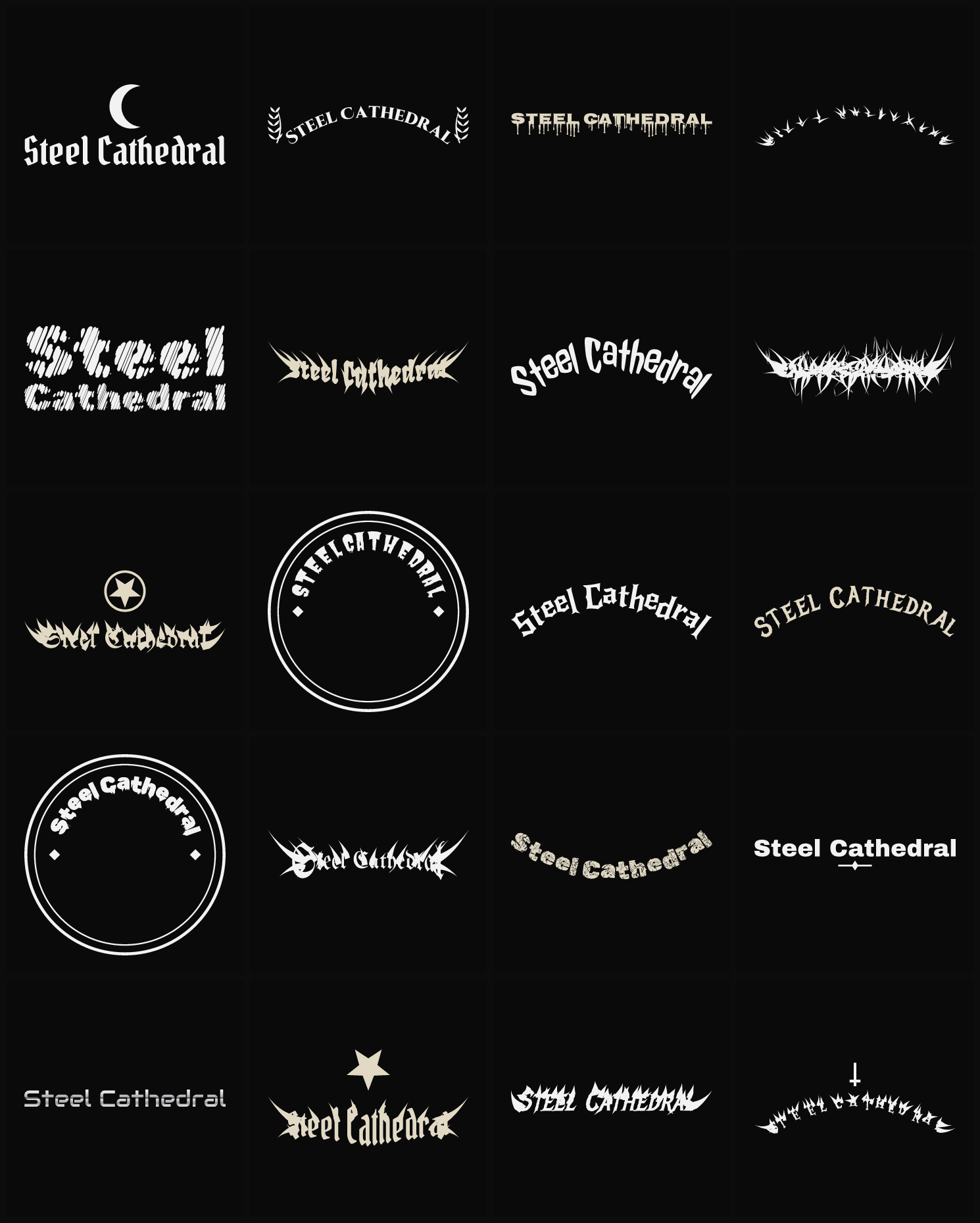 Twenty Steel Cathedral band logo ideas — different faces, treatments and spike settings