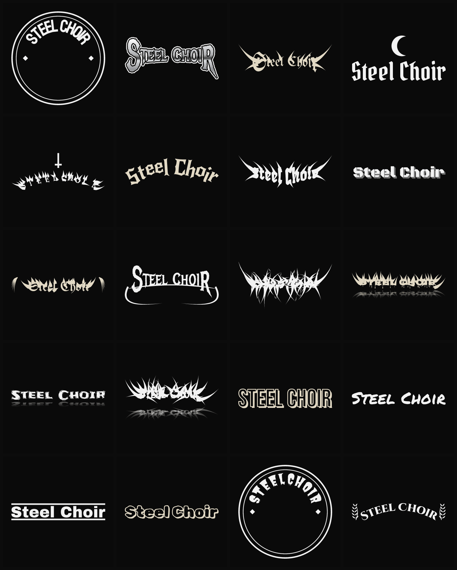 Twenty Steel Choir band logo ideas — different faces, treatments and spike settings