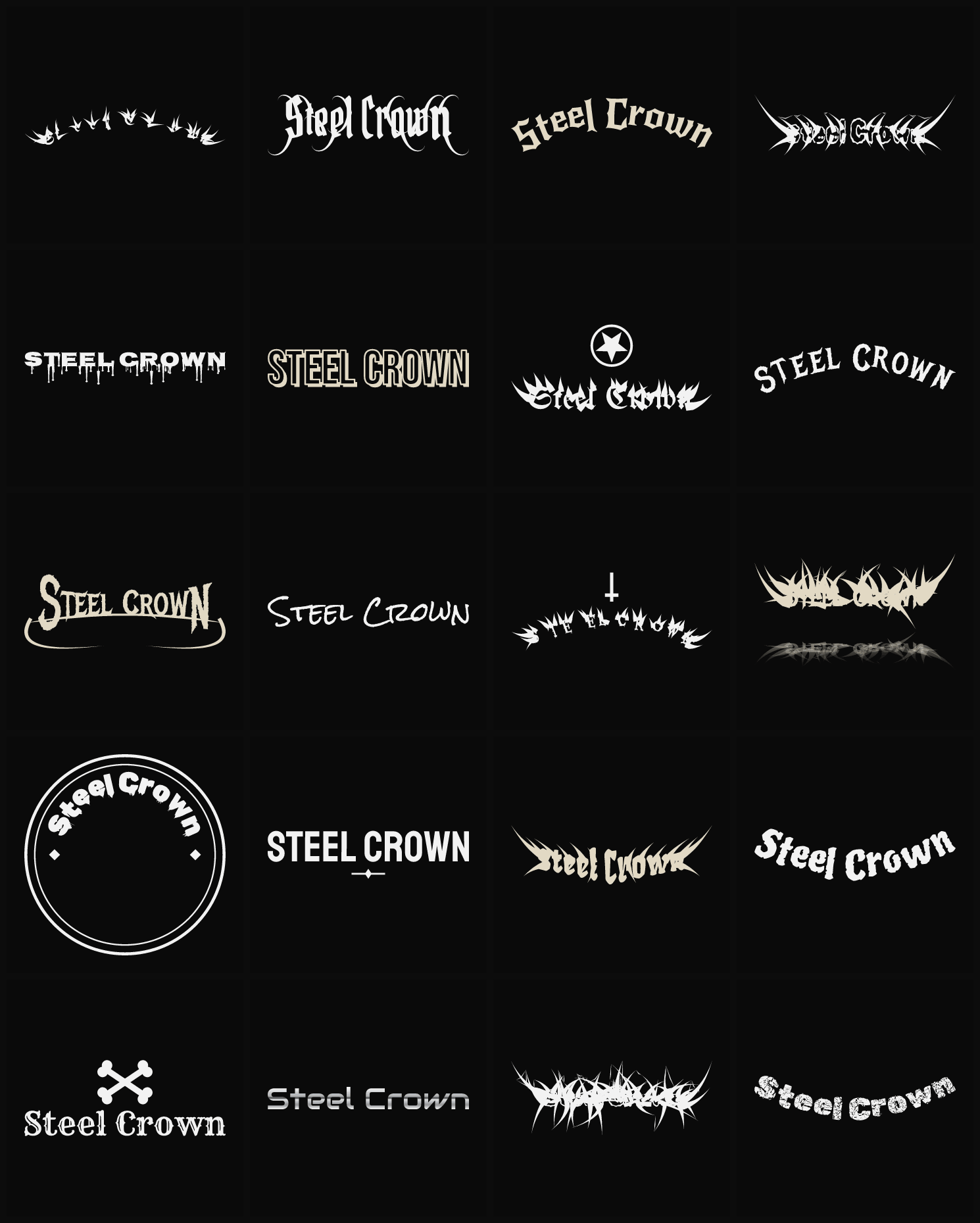 Twenty Steel Crown band logo ideas — different faces, treatments and spike settings
