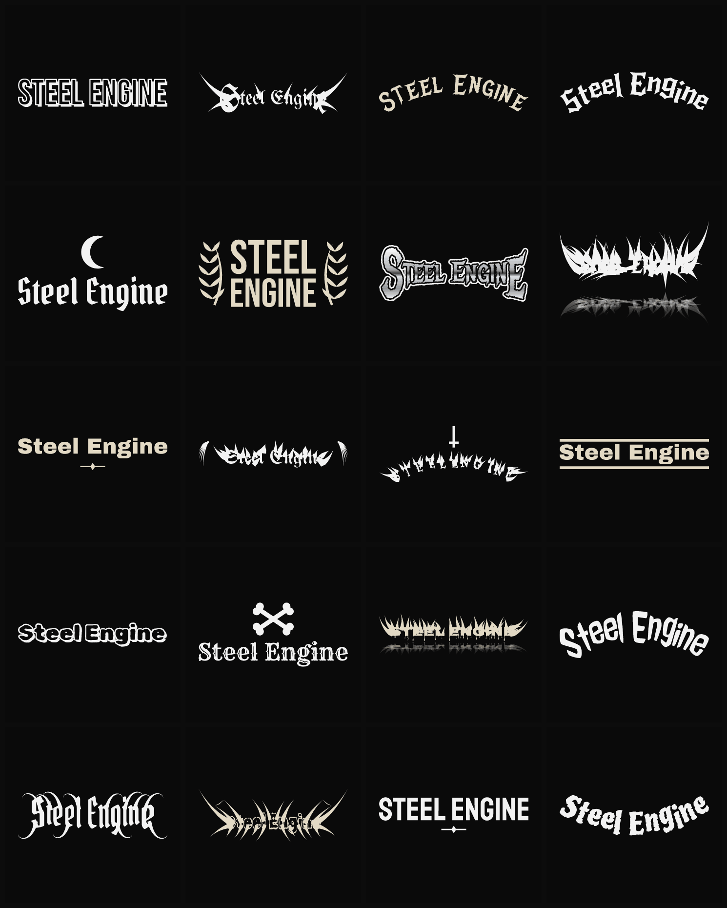 Twenty Steel Engine band logo ideas — different faces, treatments and spike settings
