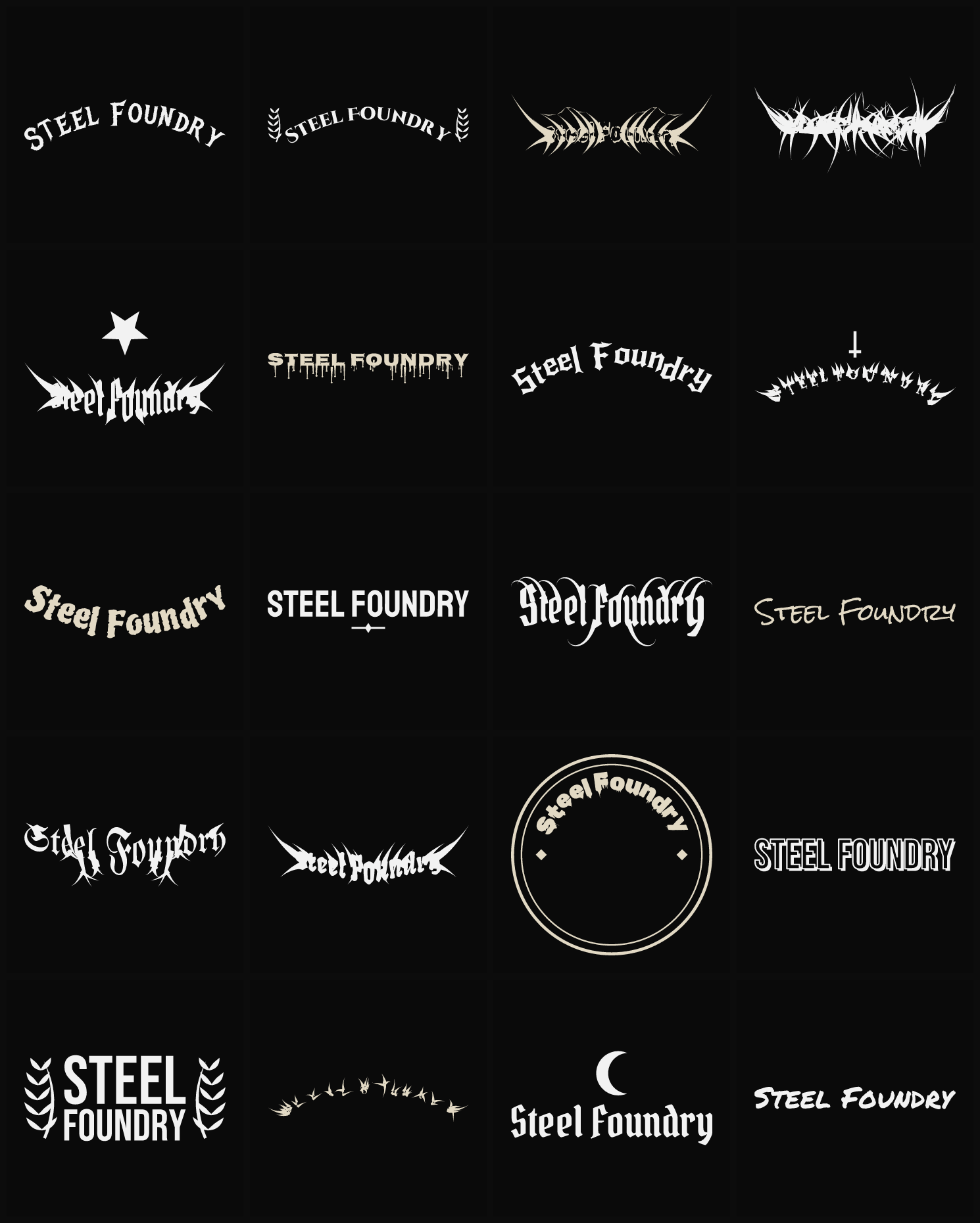 Twenty Steel Foundry band logo ideas — different faces, treatments and spike settings