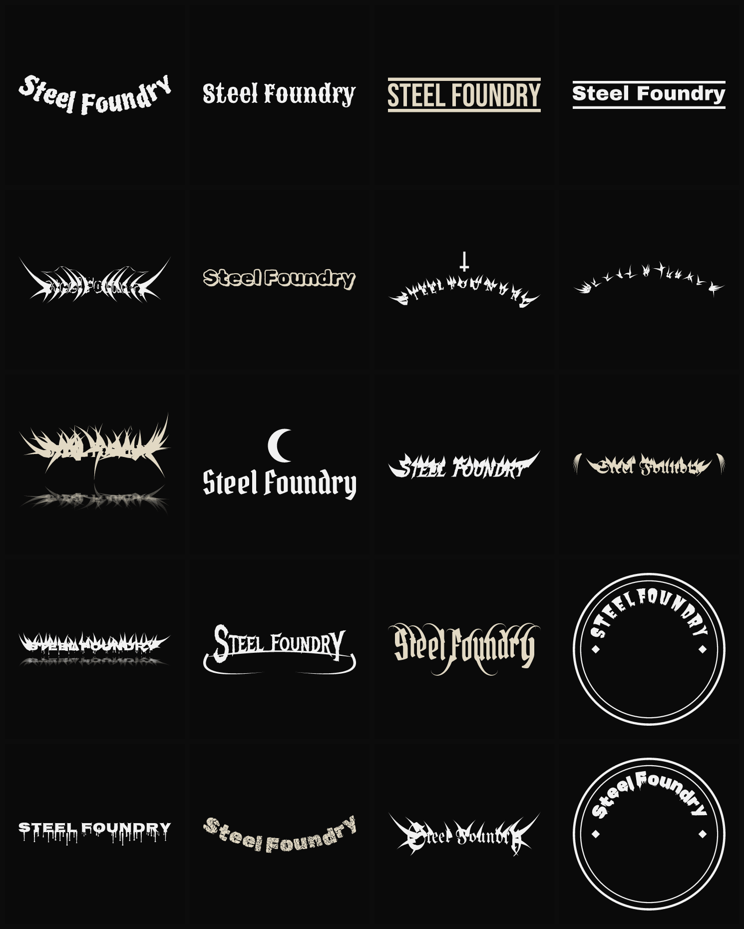 Twenty Steel Foundry band logo ideas — different faces, treatments and spike settings