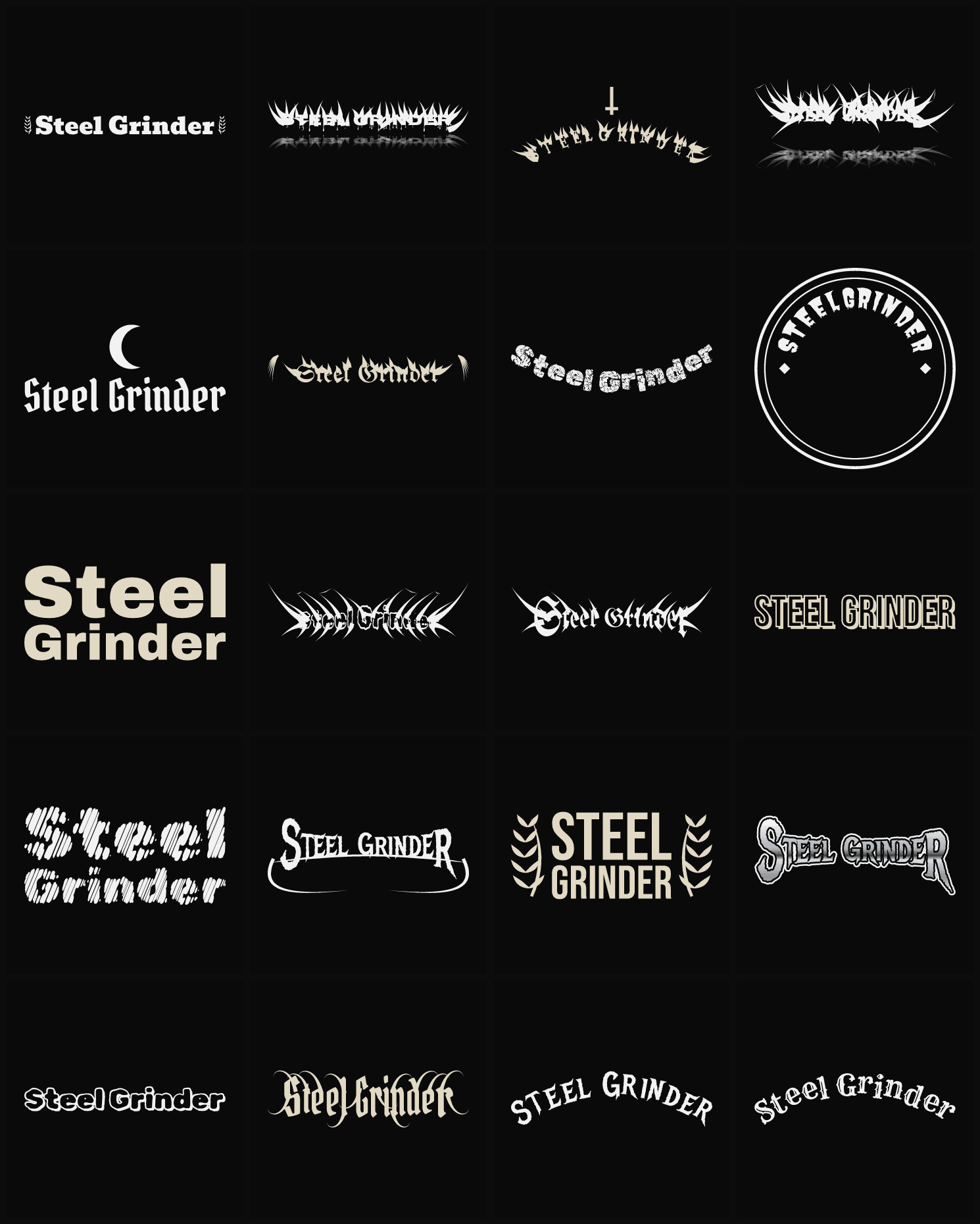 Twenty Steel Grinder band logo ideas — different faces, treatments and spike settings