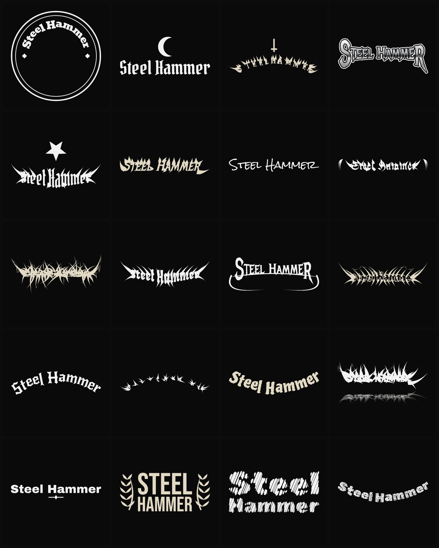 Twenty Steel Hammer band logo ideas — different faces, treatments and spike settings