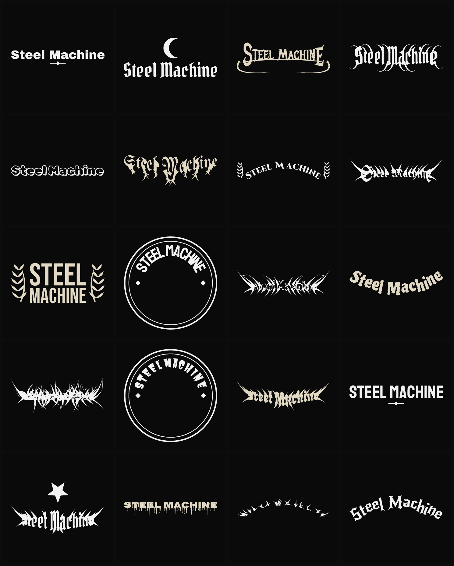 Twenty Steel Machine band logo ideas — different faces, treatments and spike settings
