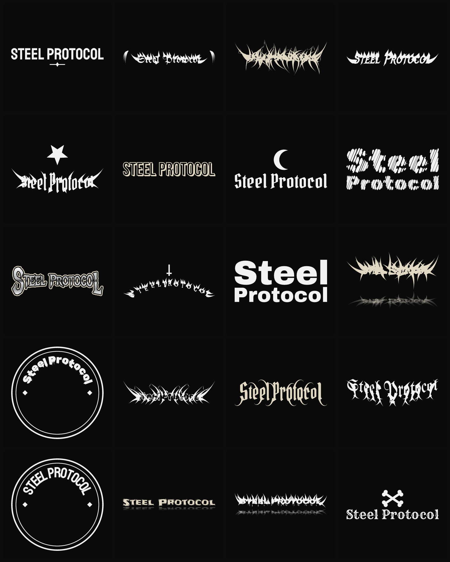 Twenty Steel Protocol band logo ideas — different faces, treatments and spike settings