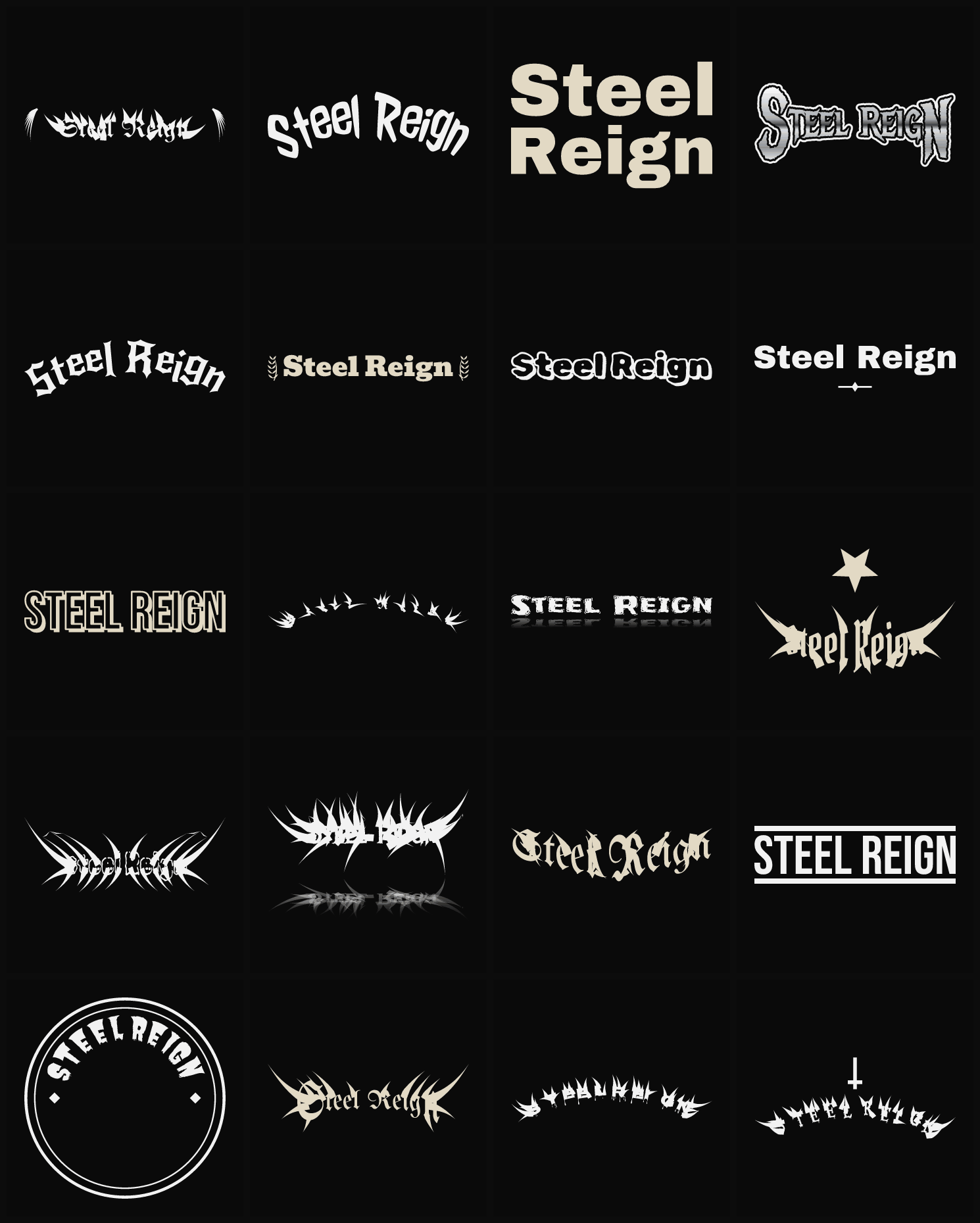 Twenty Steel Reign band logo ideas — different faces, treatments and spike settings