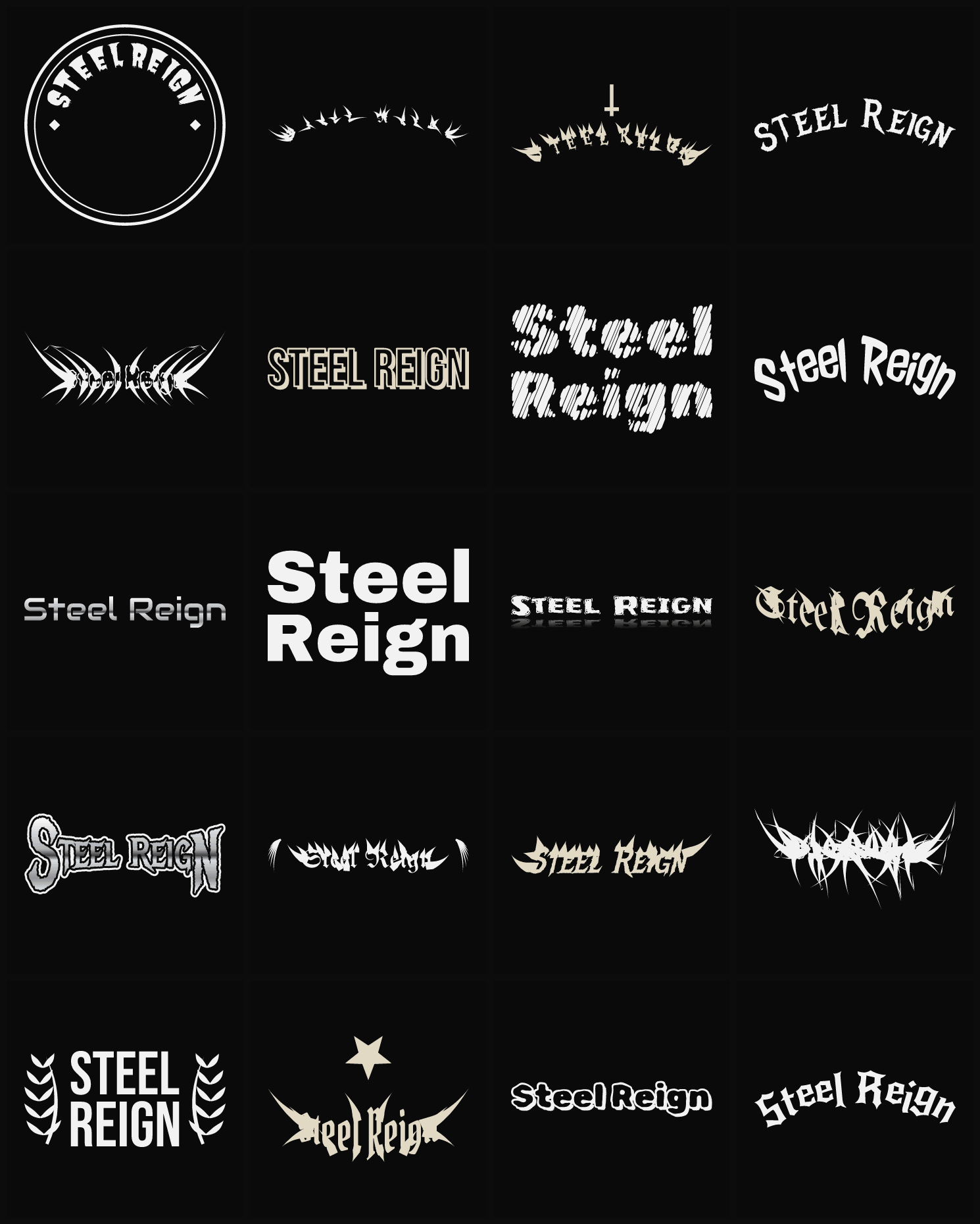 Twenty Steel Reign band logo ideas — different faces, treatments and spike settings