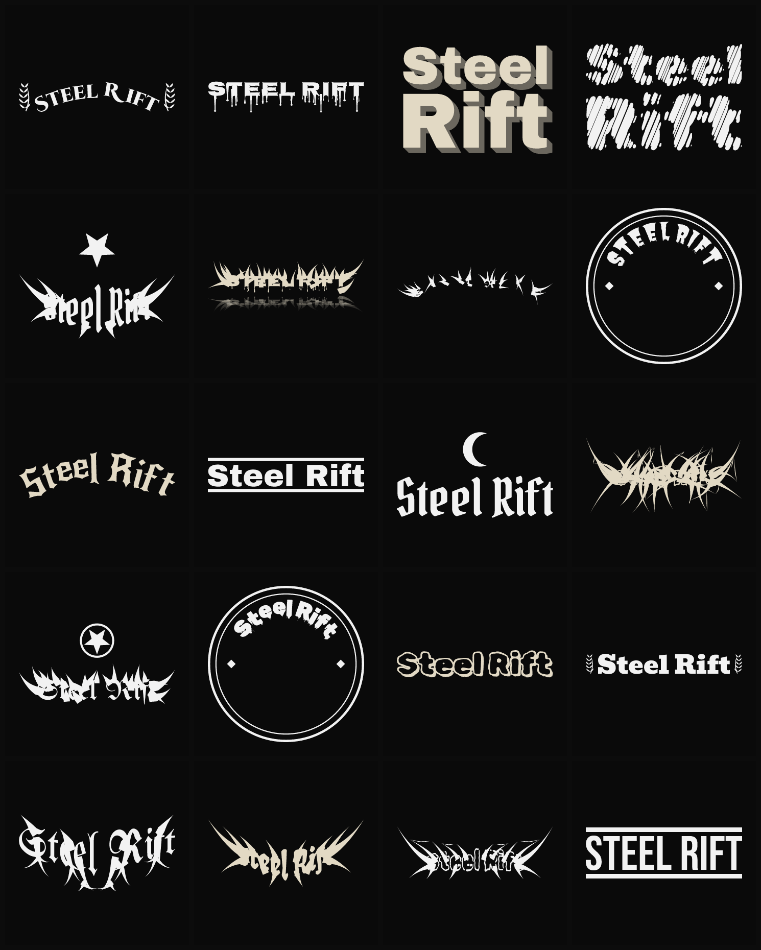 Twenty Steel Rift band logo ideas — different faces, treatments and spike settings
