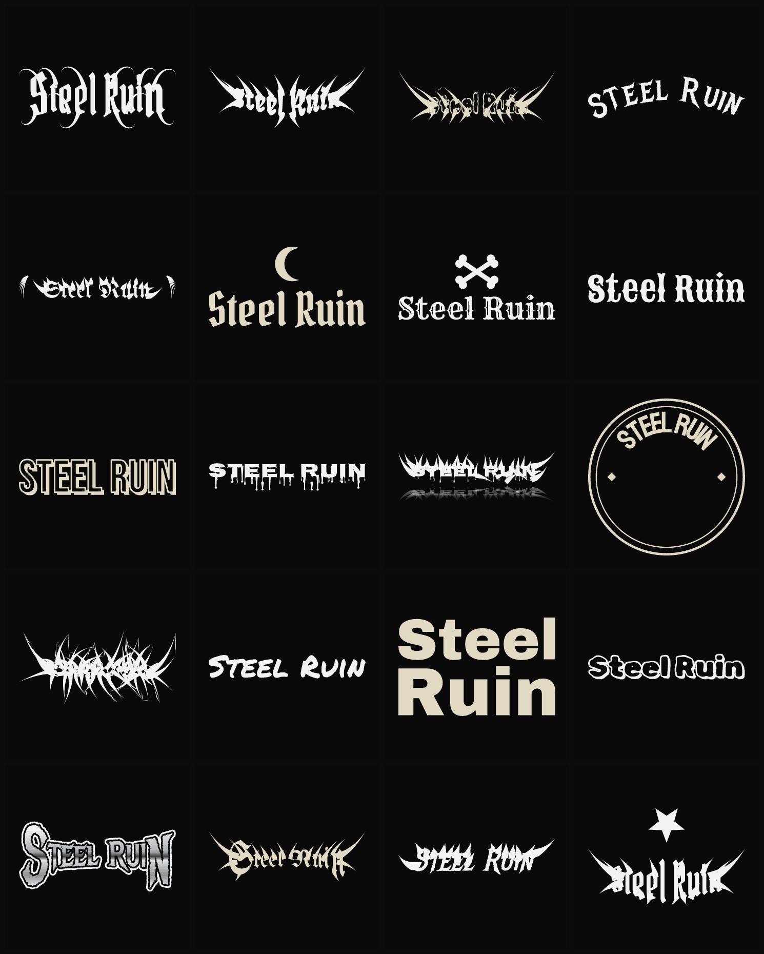 Twenty Steel Ruin band logo ideas — different faces, treatments and spike settings
