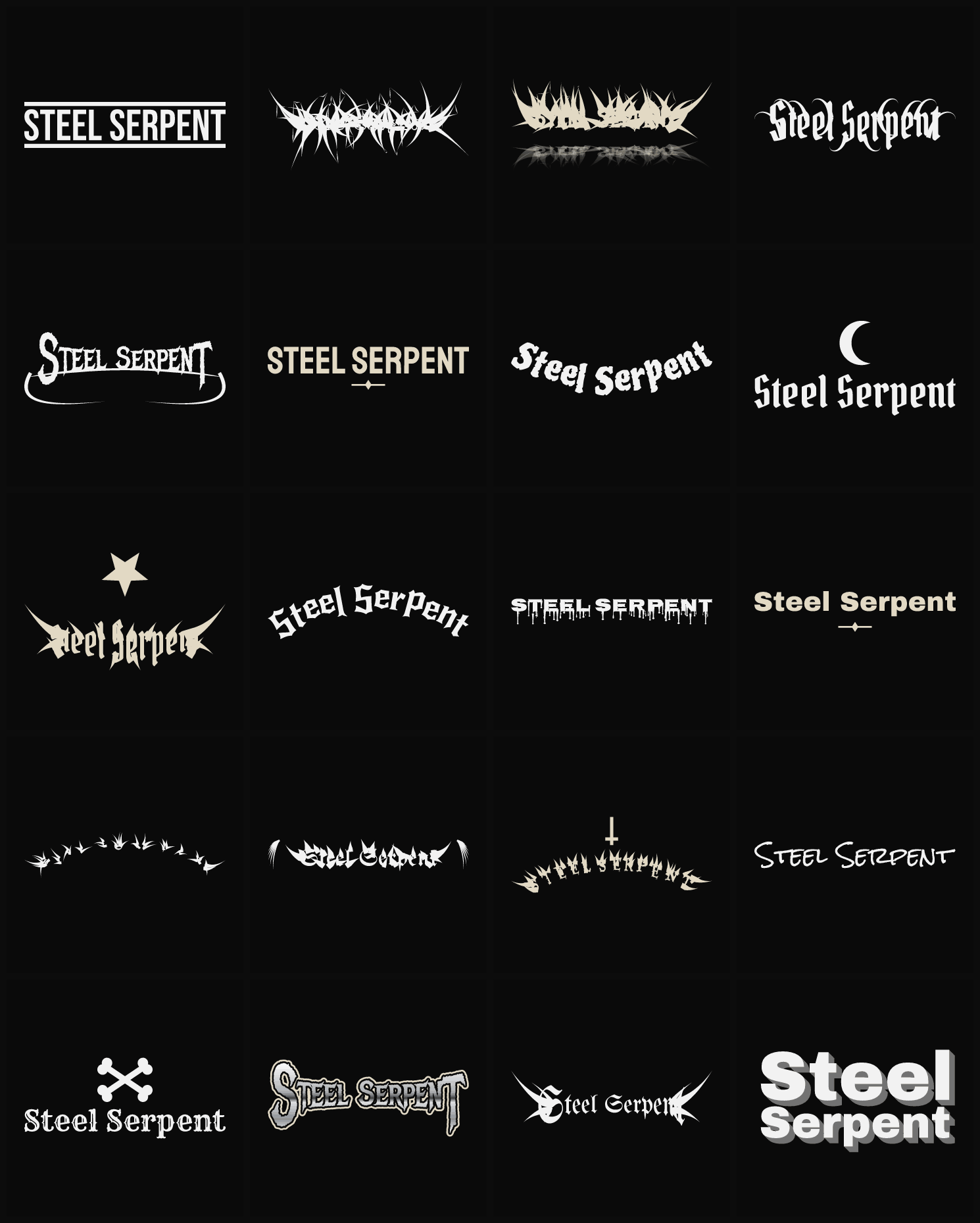 Twenty Steel Serpent band logo ideas — different faces, treatments and spike settings