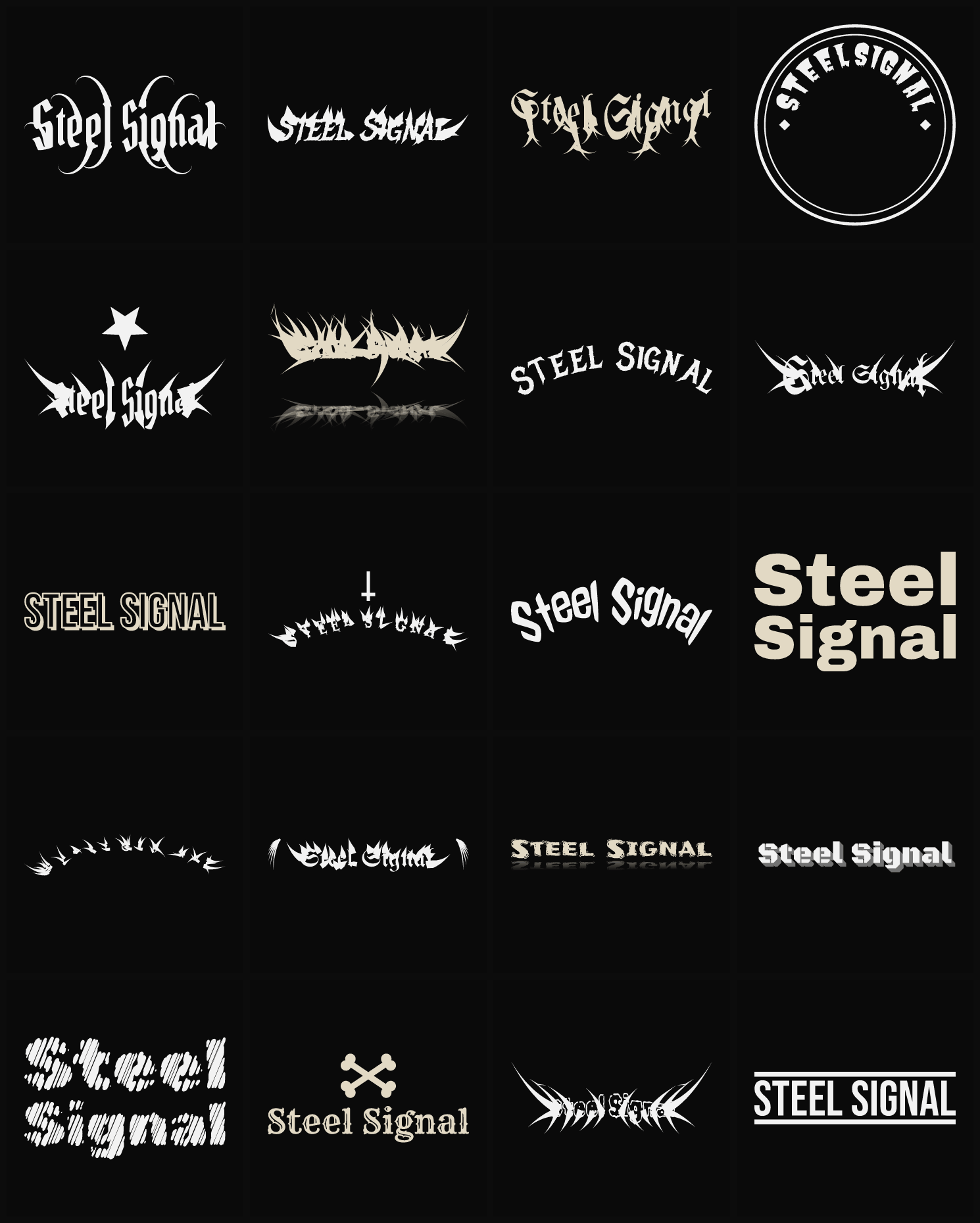 Twenty Steel Signal band logo ideas — different faces, treatments and spike settings