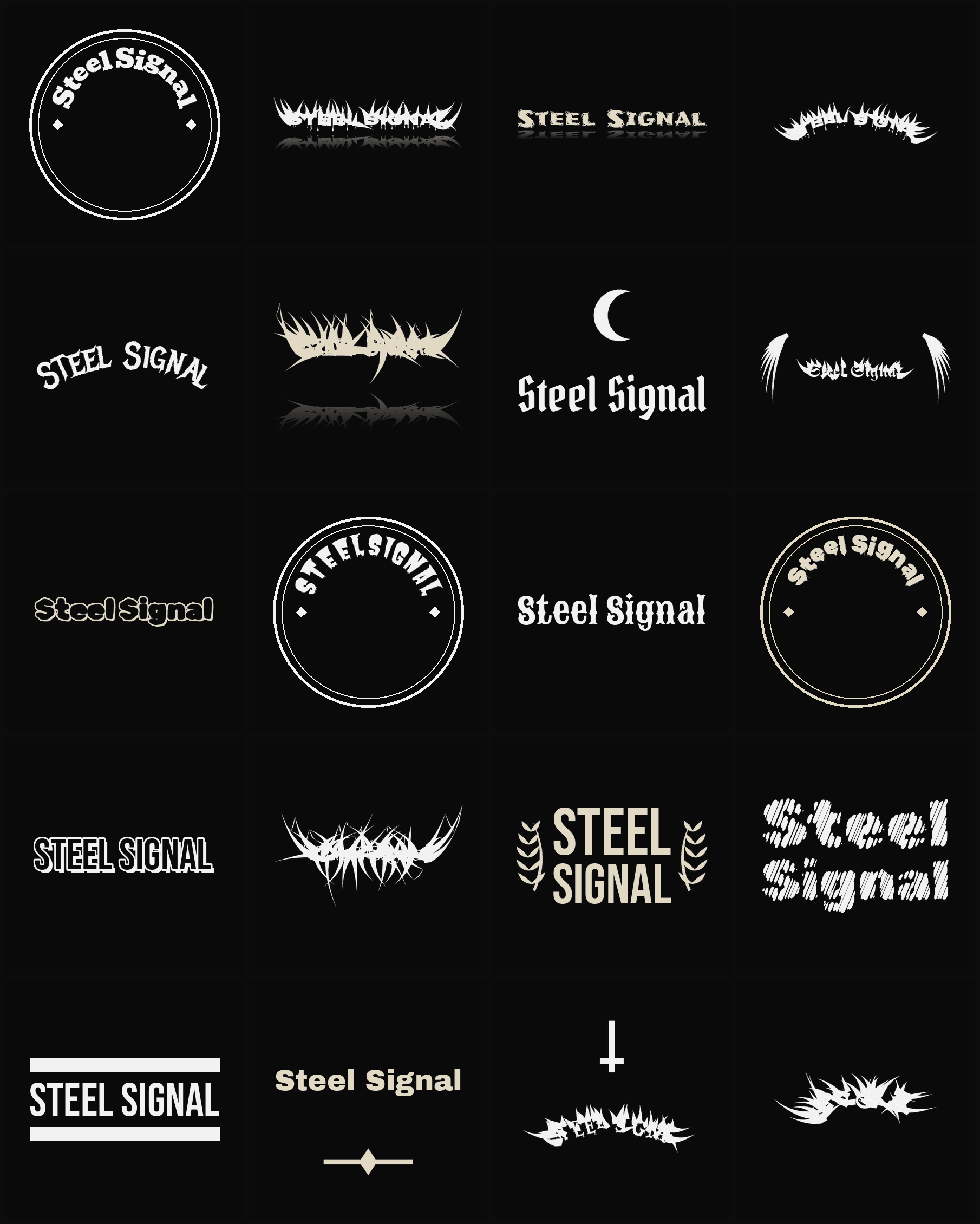 Twenty Steel Signal band logo ideas — different faces, treatments and spike settings