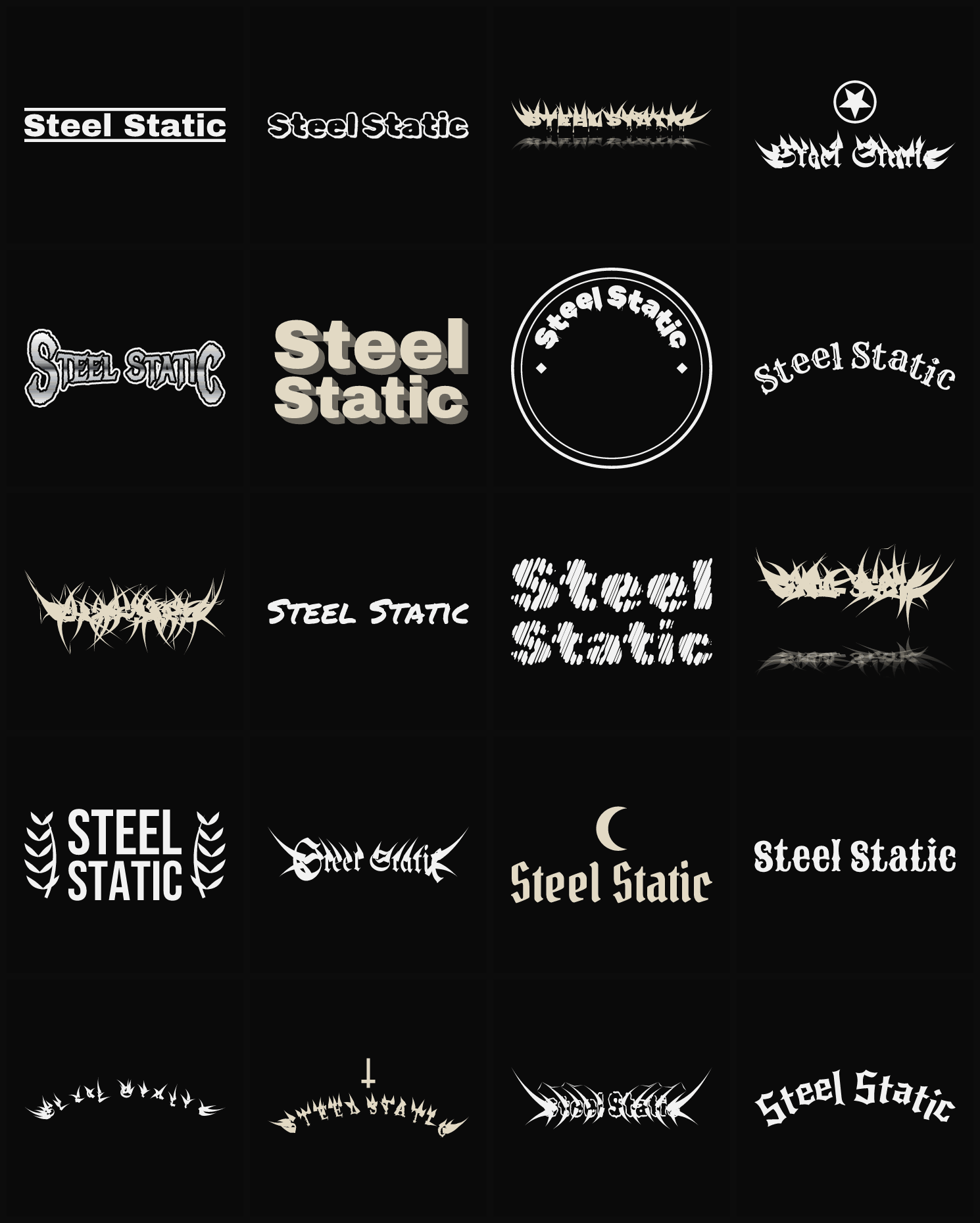 Twenty Steel Static band logo ideas — different faces, treatments and spike settings