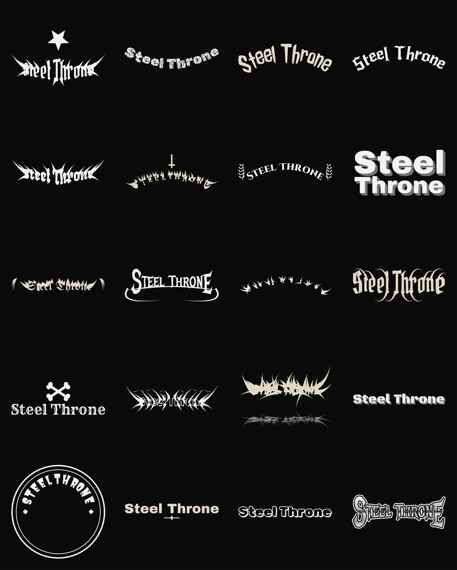 Twenty Steel Throne band logo ideas — different faces, treatments and spike settings