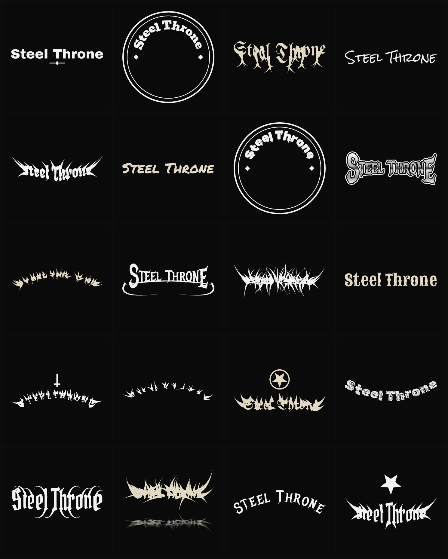 Twenty Steel Throne band logo ideas — different faces, treatments and spike settings