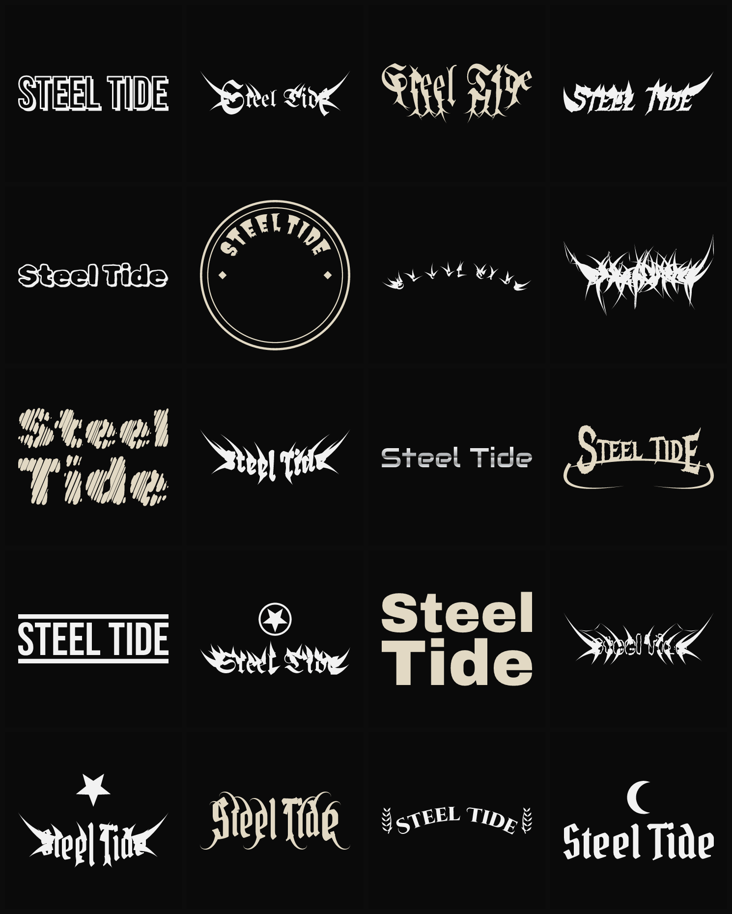 Twenty Steel Tide band logo ideas — different faces, treatments and spike settings