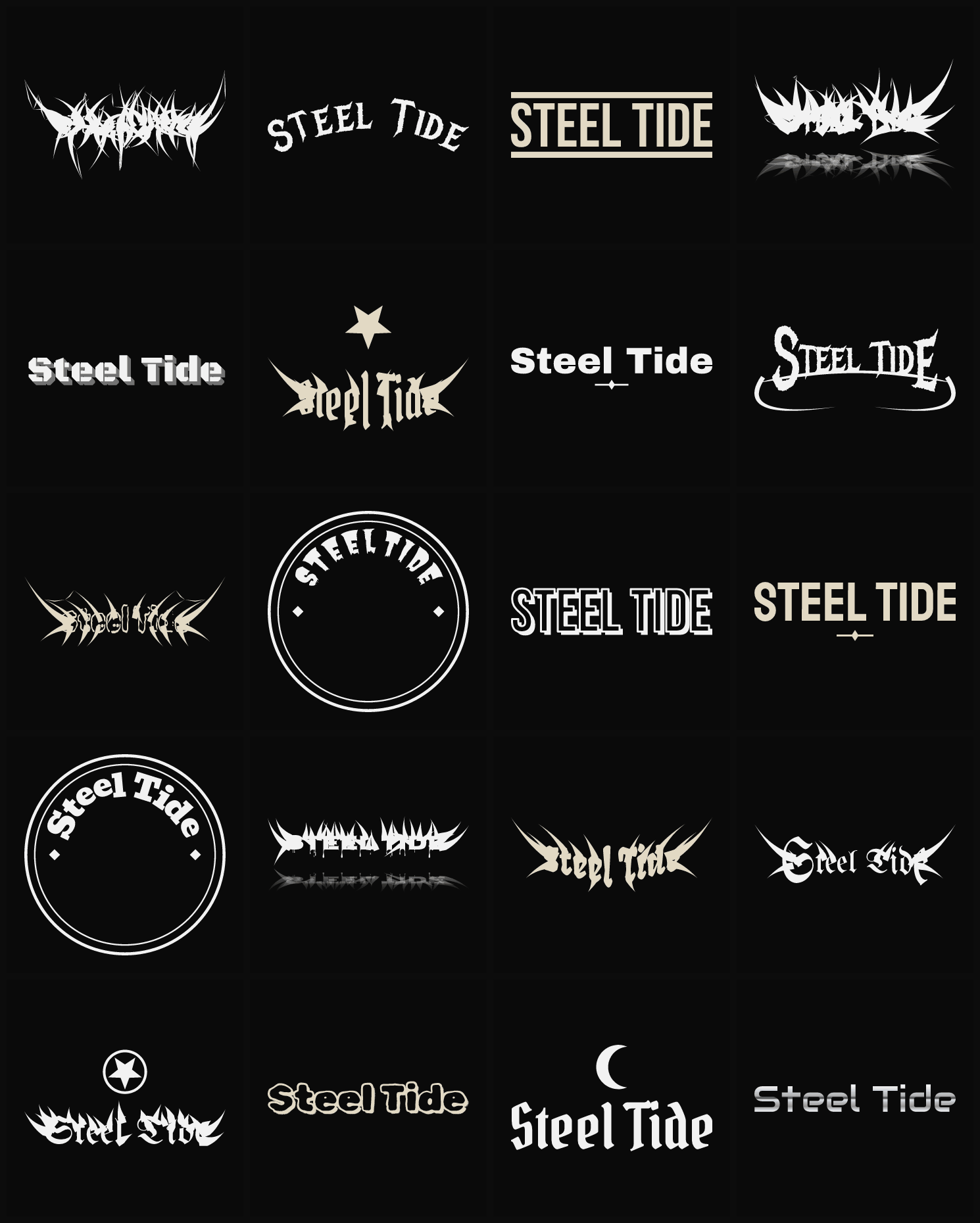 Twenty Steel Tide band logo ideas — different faces, treatments and spike settings