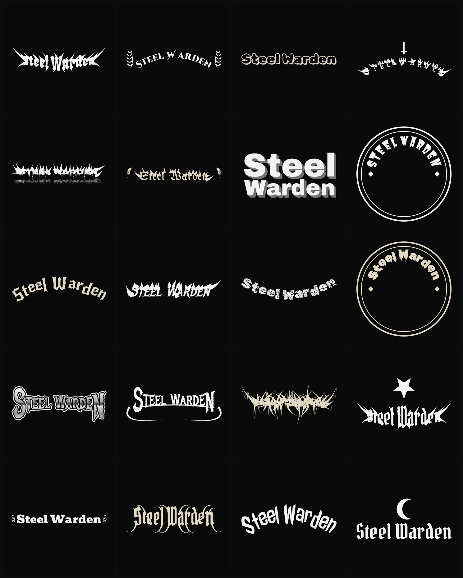Twenty Steel Warden band logo ideas — different faces, treatments and spike settings