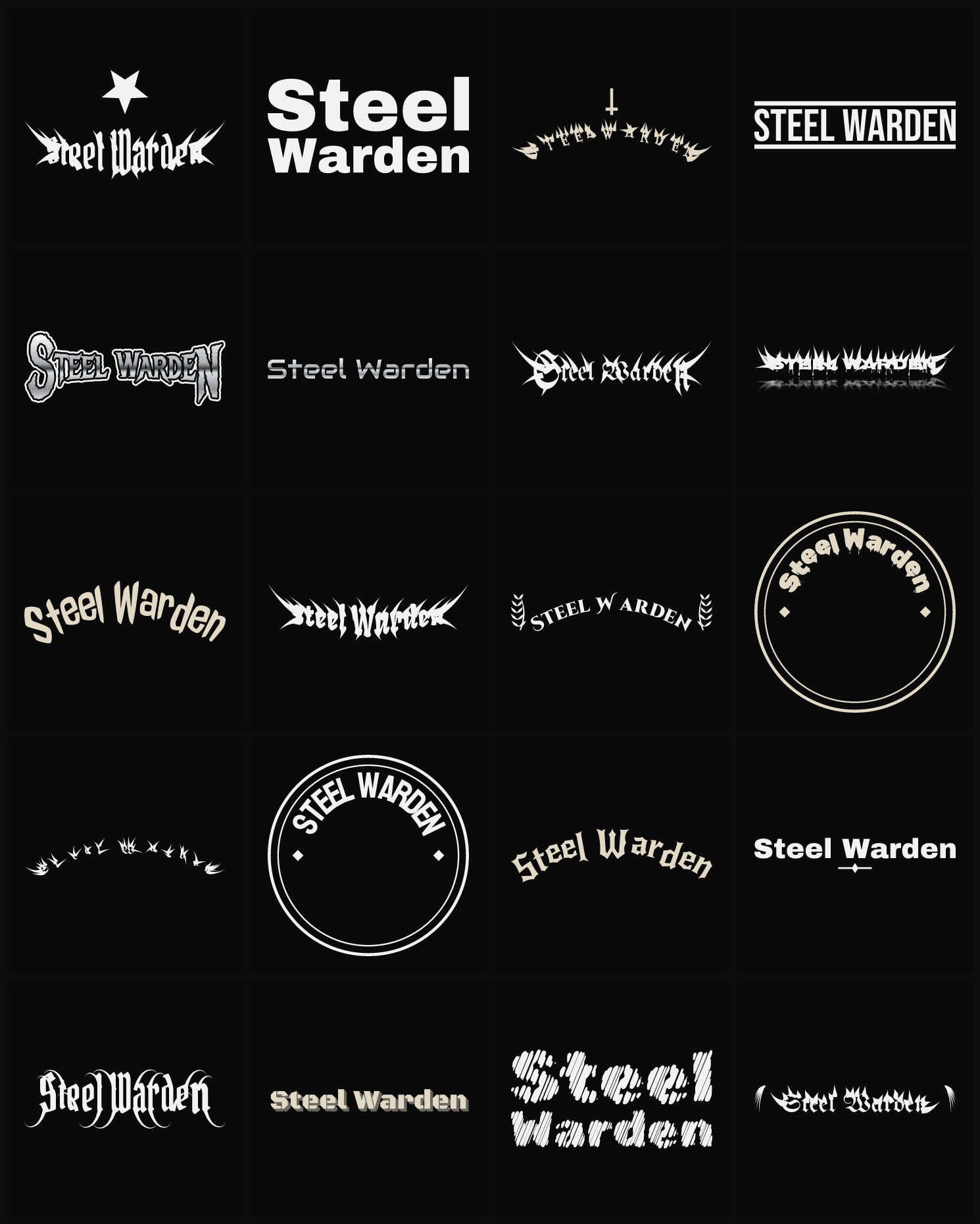 Twenty Steel Warden band logo ideas — different faces, treatments and spike settings