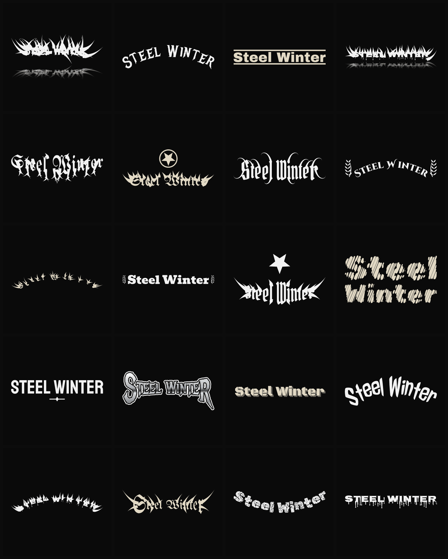 Twenty Steel Winter band logo ideas — different faces, treatments and spike settings