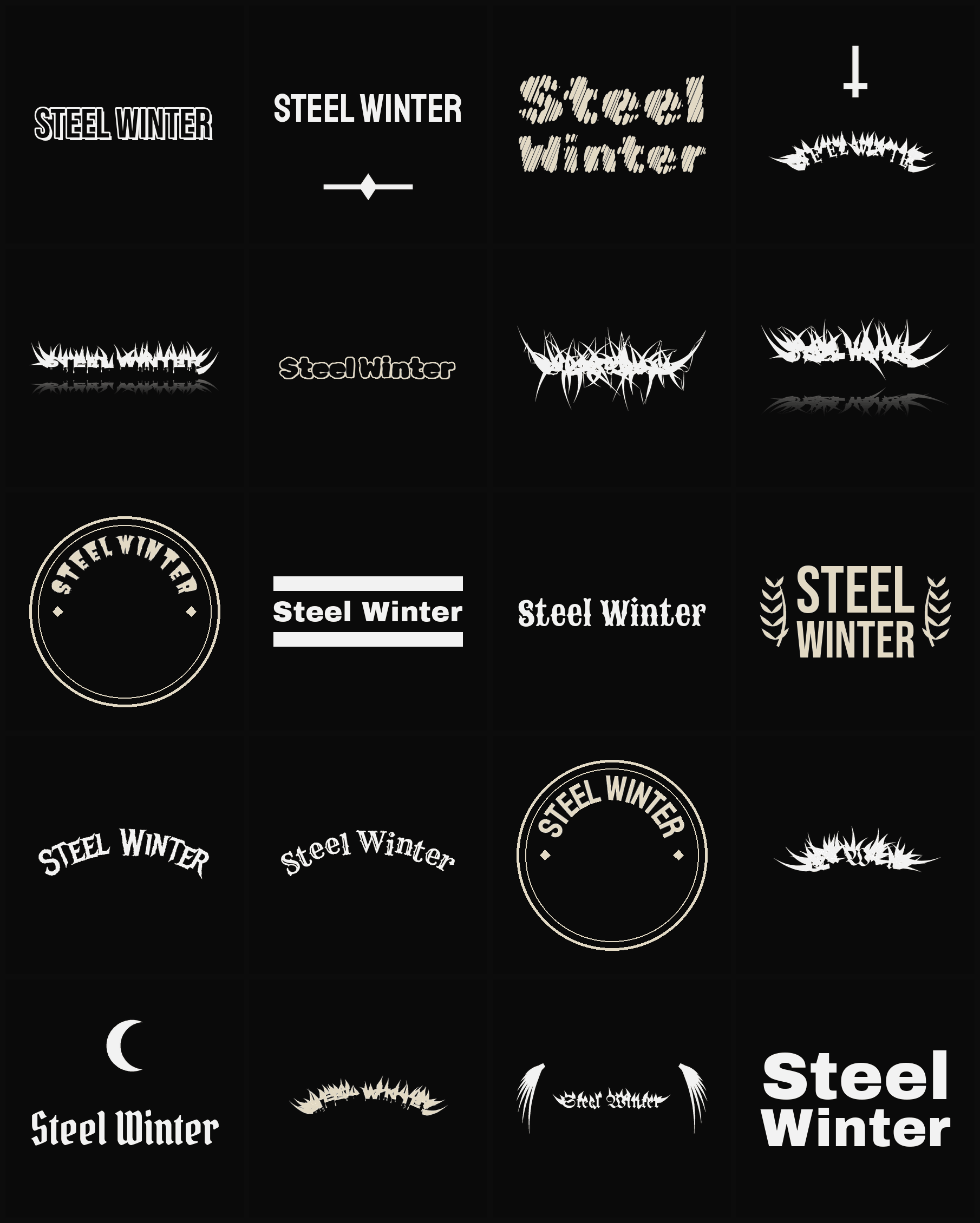 Twenty Steel Winter band logo ideas — different faces, treatments and spike settings