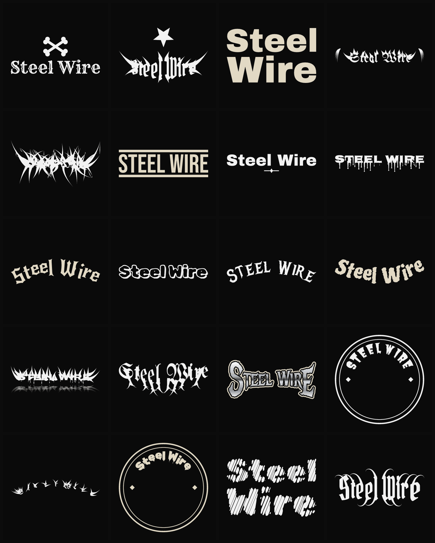 Twenty Steel Wire band logo ideas — different faces, treatments and spike settings