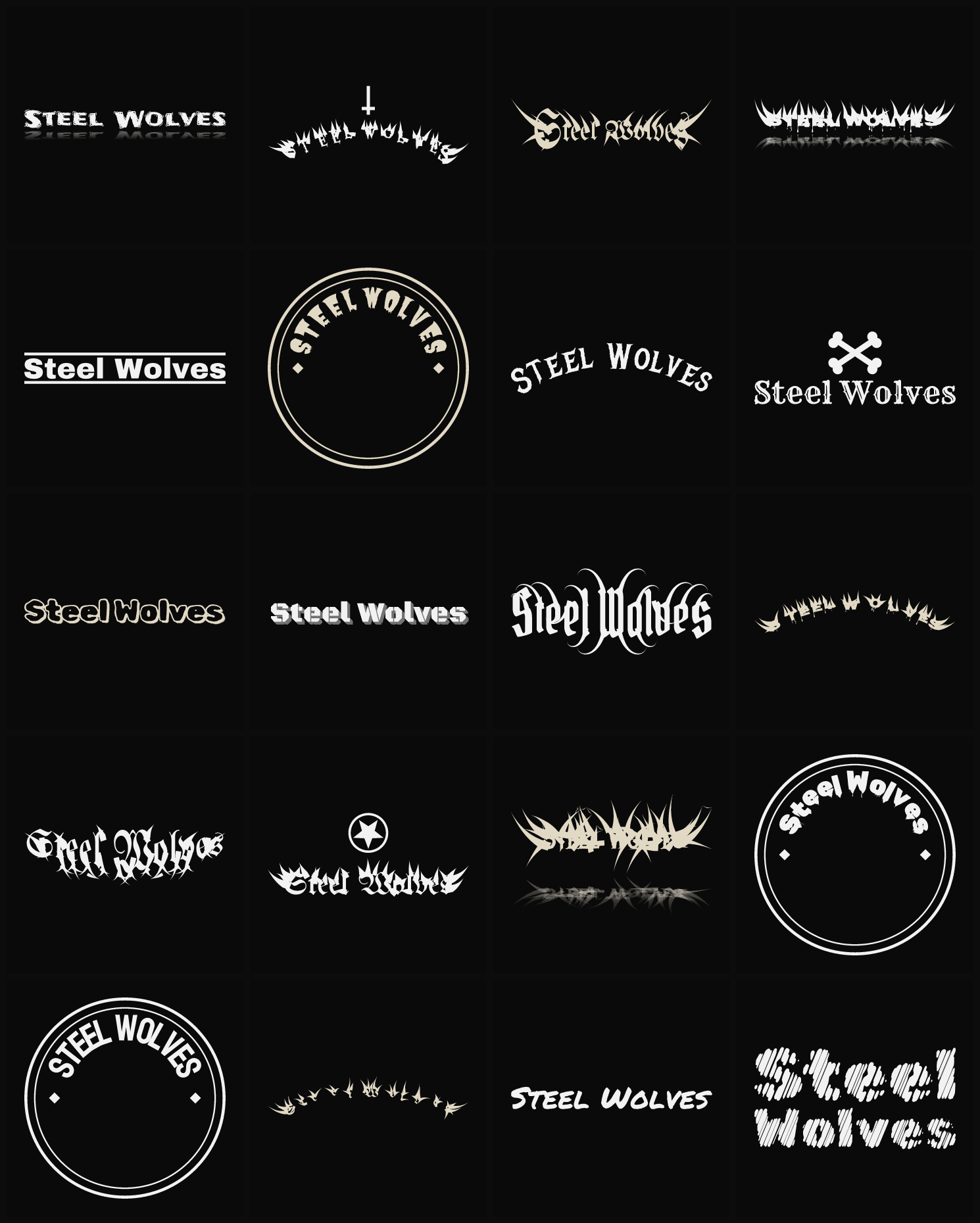 Twenty Steel Wolves band logo ideas — different faces, treatments and spike settings