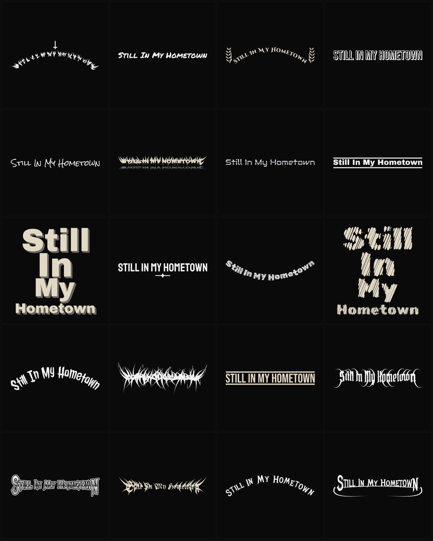 Twenty Still In My Hometown band logo ideas — different faces, treatments and spike settings