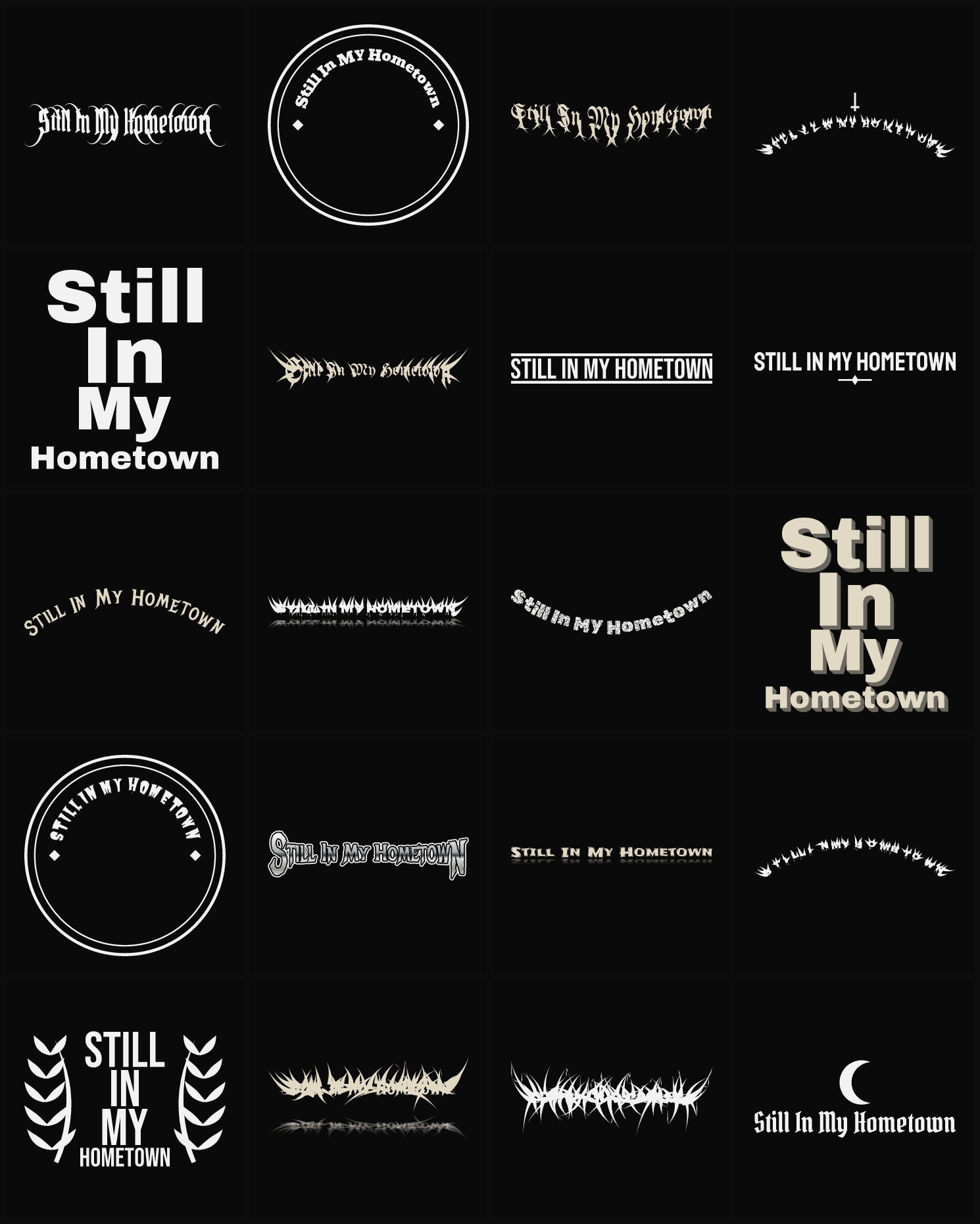 Twenty Still In My Hometown band logo ideas — different faces, treatments and spike settings