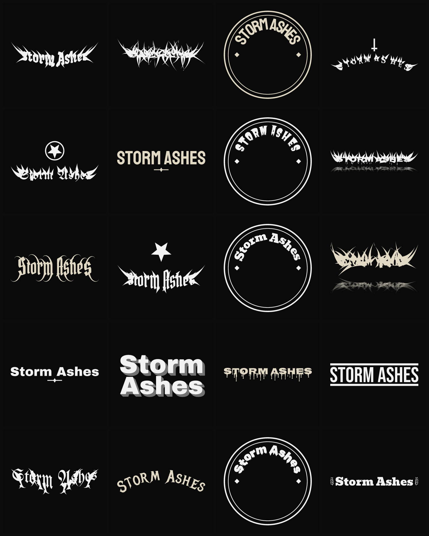 Twenty Storm Ashes band logo ideas — different faces, treatments and spike settings