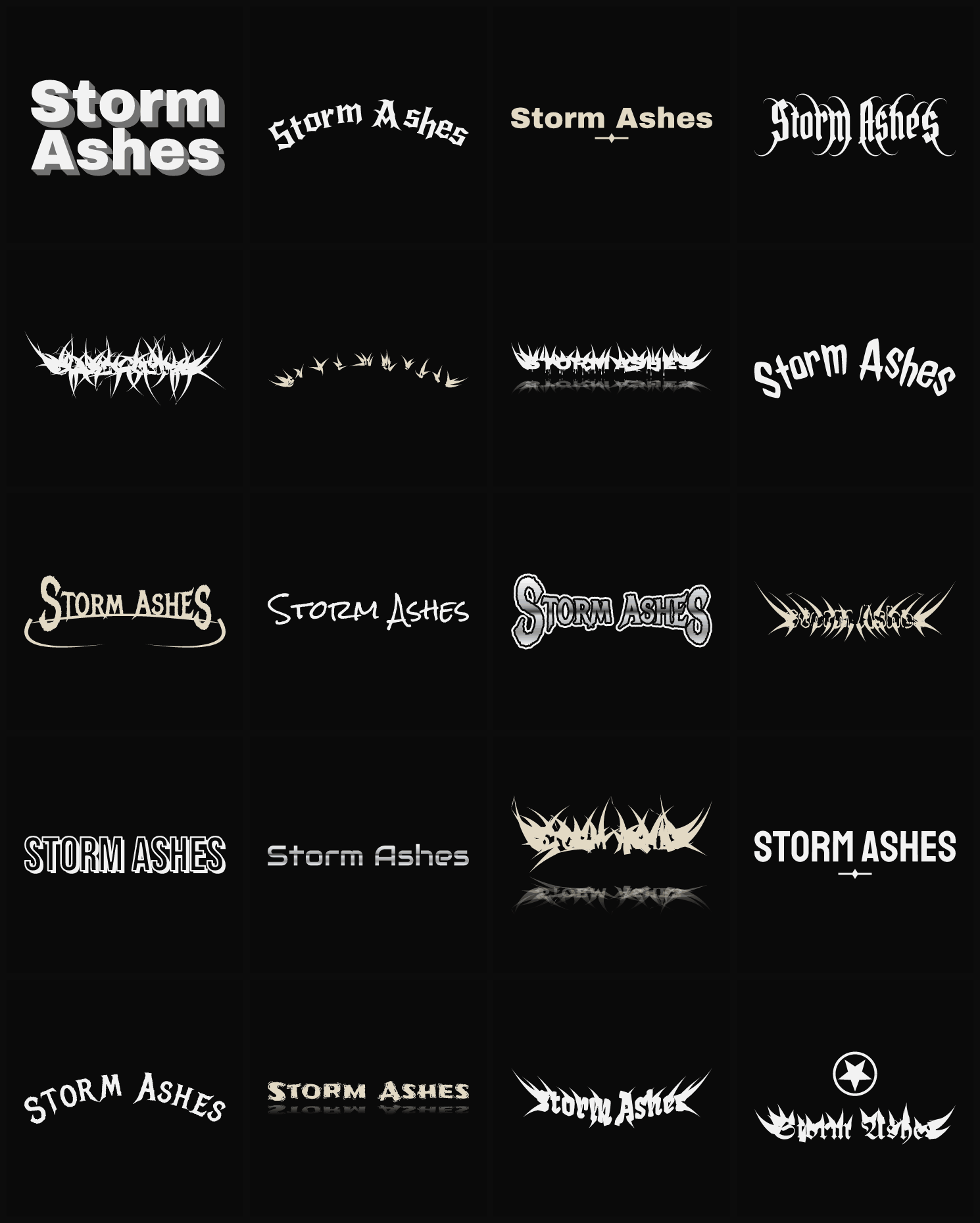 Twenty Storm Ashes band logo ideas — different faces, treatments and spike settings