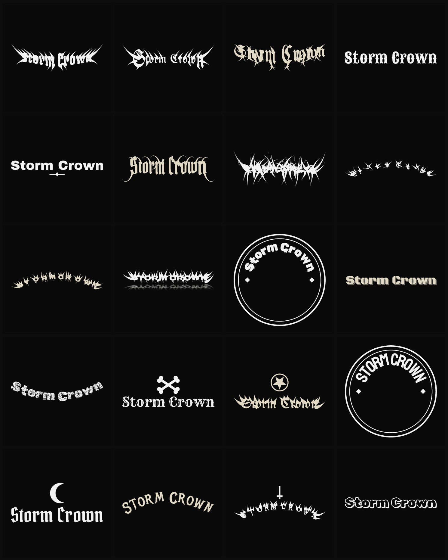 Twenty Storm Crown band logo ideas — different faces, treatments and spike settings