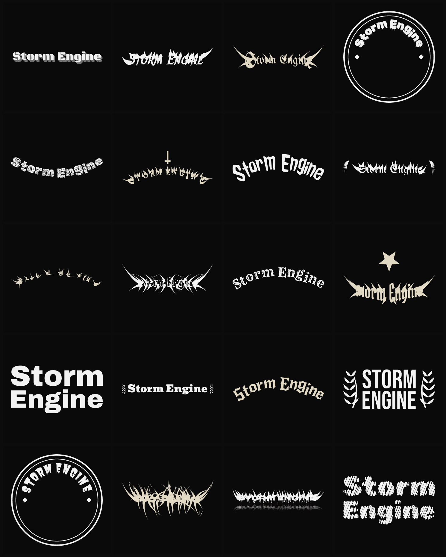 Twenty Storm Engine band logo ideas — different faces, treatments and spike settings