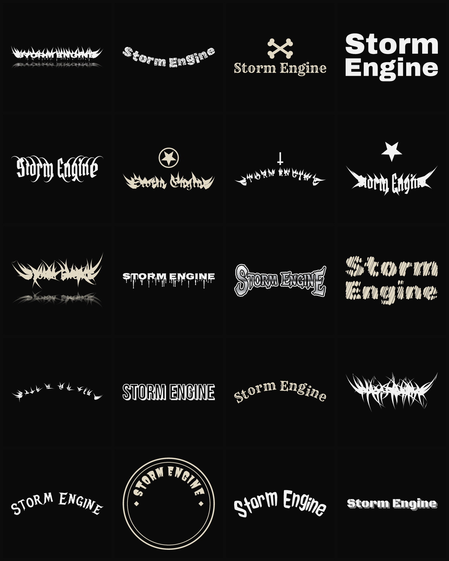 Twenty Storm Engine band logo ideas — different faces, treatments and spike settings