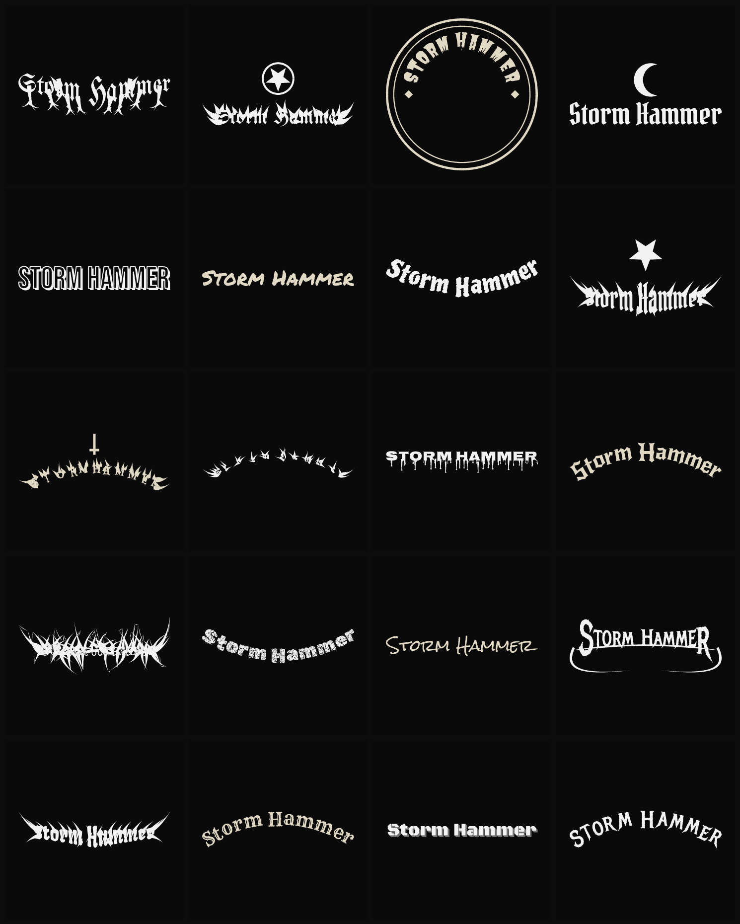 Twenty Storm Hammer band logo ideas — different faces, treatments and spike settings