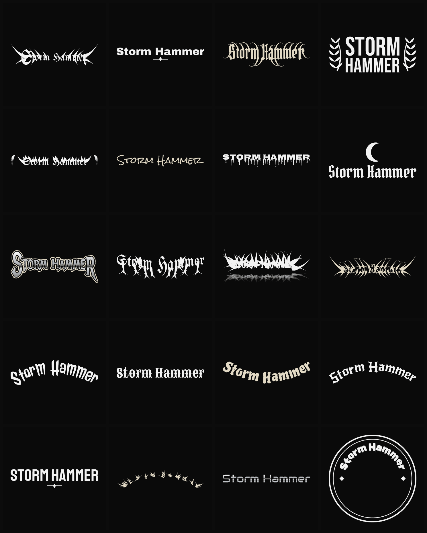 Twenty Storm Hammer band logo ideas — different faces, treatments and spike settings