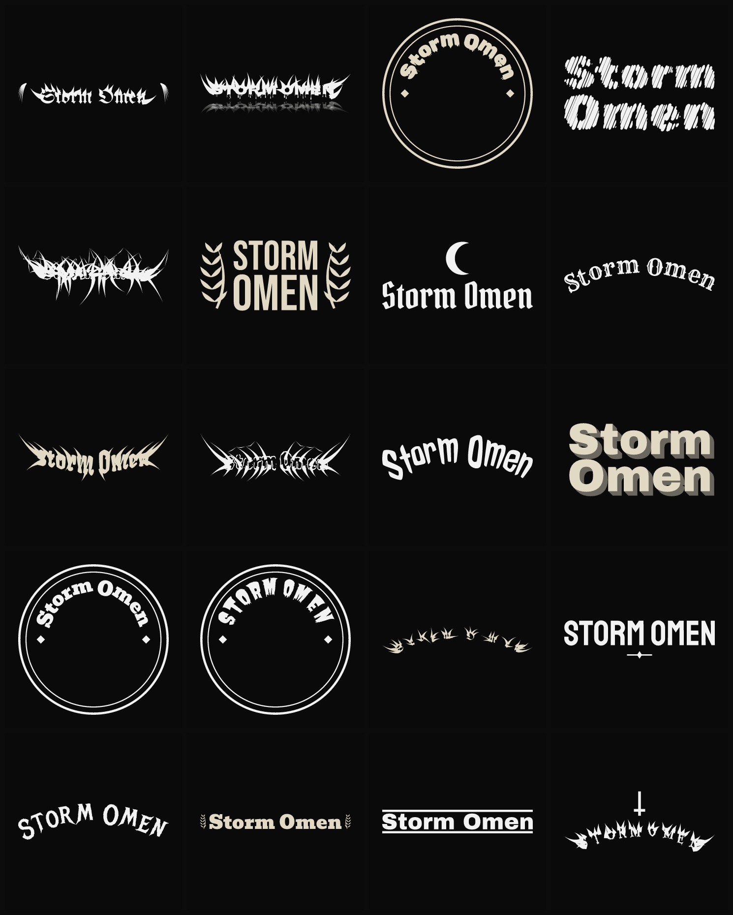 Twenty Storm Omen band logo ideas — different faces, treatments and spike settings