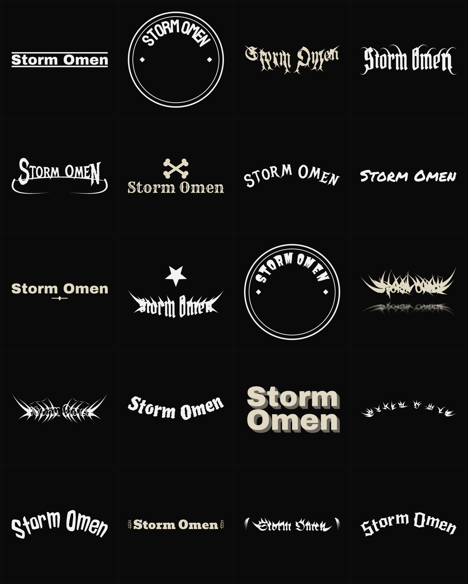 Twenty Storm Omen band logo ideas — different faces, treatments and spike settings