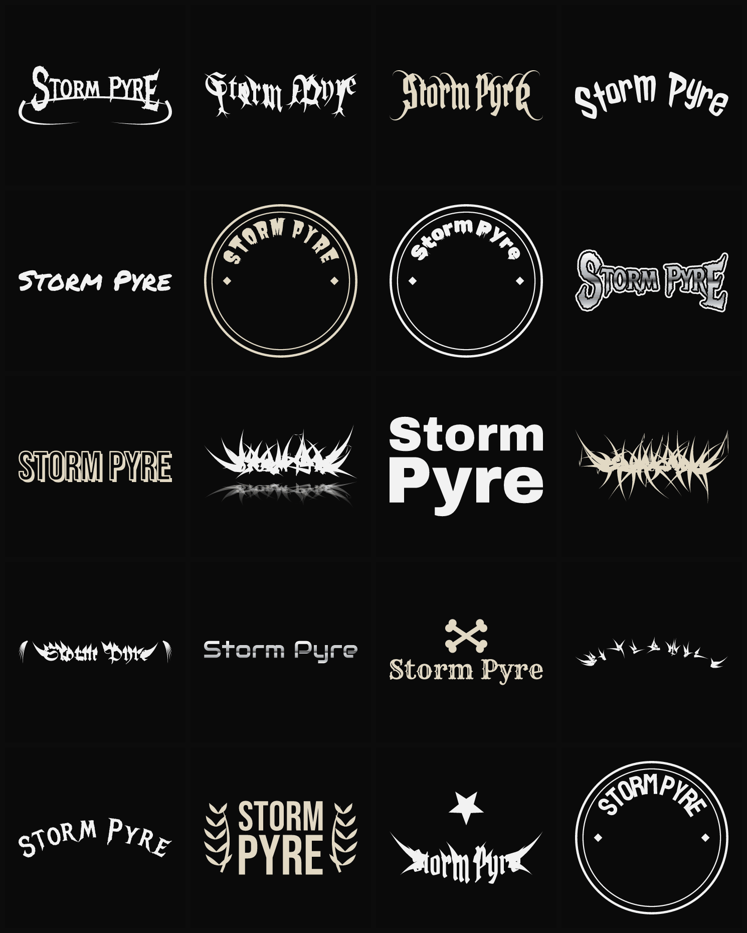 Twenty Storm Pyre band logo ideas — different faces, treatments and spike settings