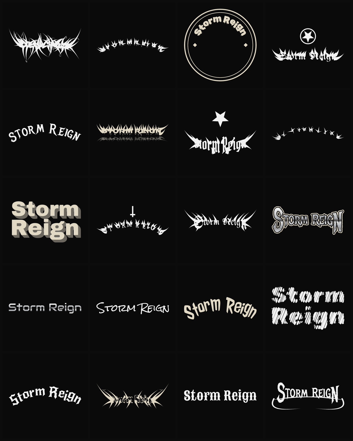 Twenty Storm Reign band logo ideas — different faces, treatments and spike settings
