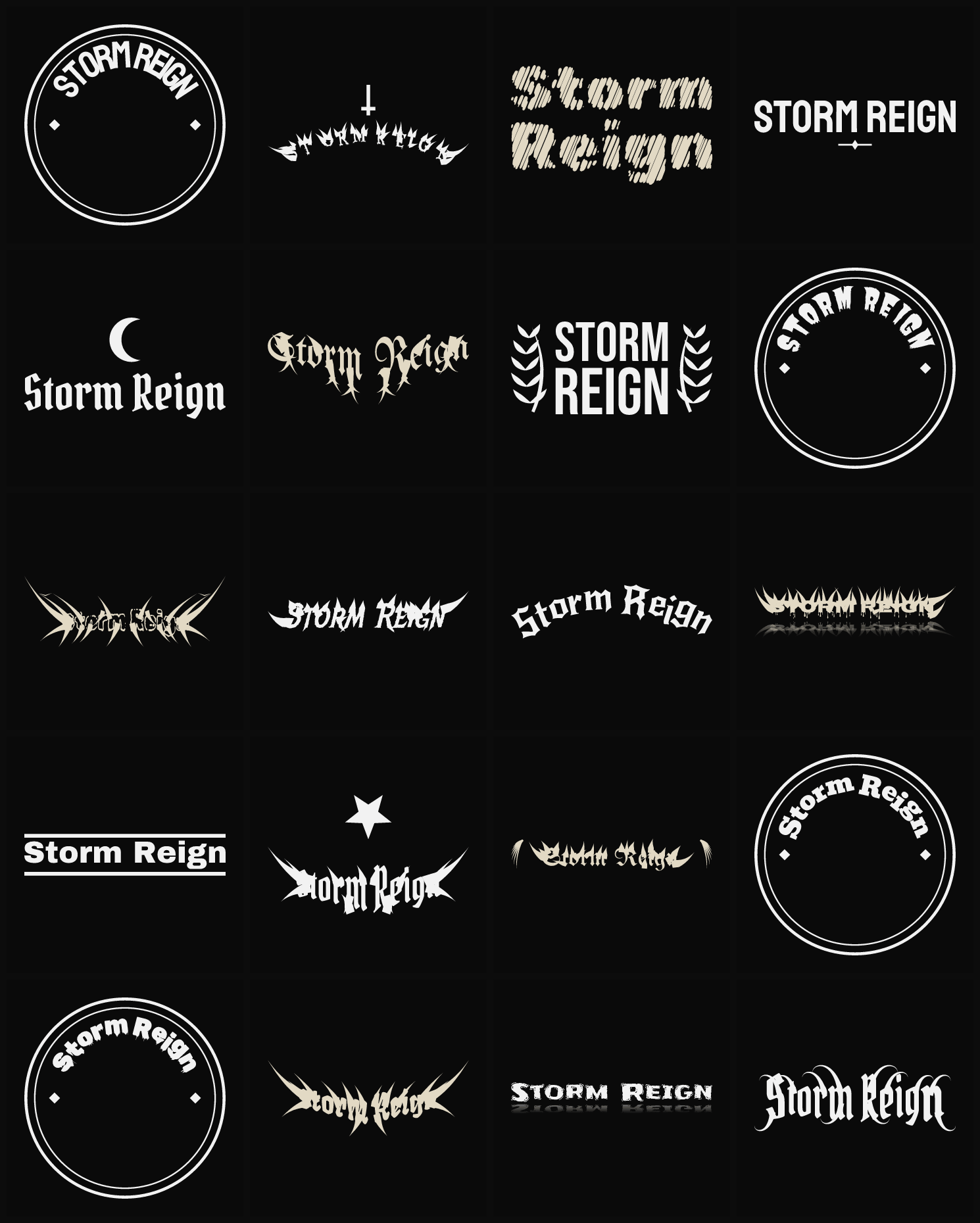 Twenty Storm Reign band logo ideas — different faces, treatments and spike settings